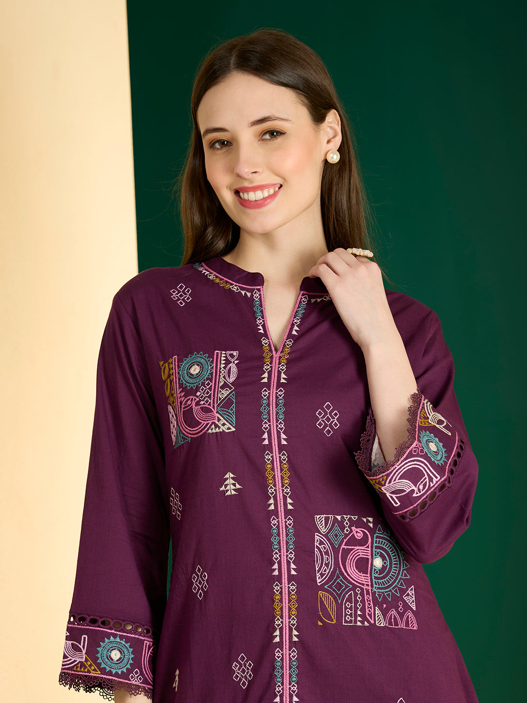 Solid Ethnic Embroidered Straight Kurta with Pant - Burgundy