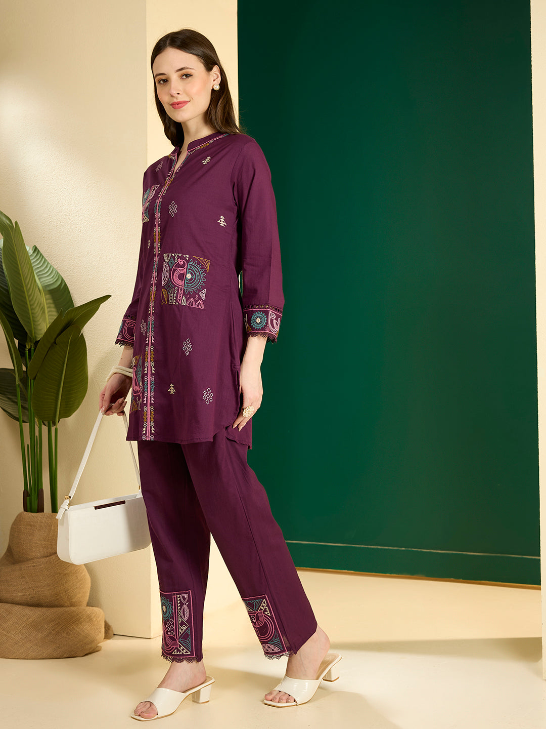Solid Ethnic Embroidered Straight Kurta with Pant - Burgundy