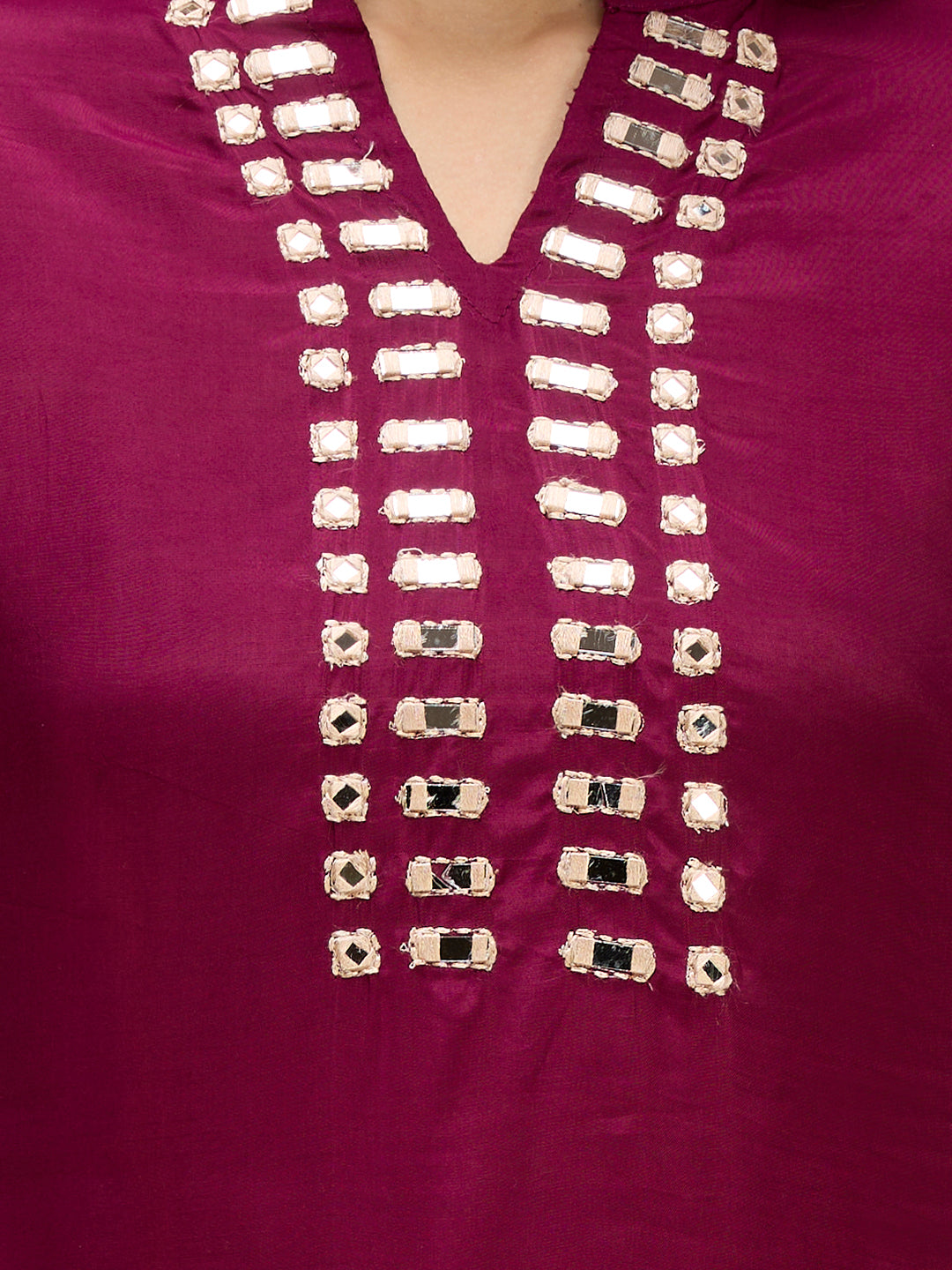 Solid Mirror Work Embroidered Straight Fit Co-ord Set - Burgundy