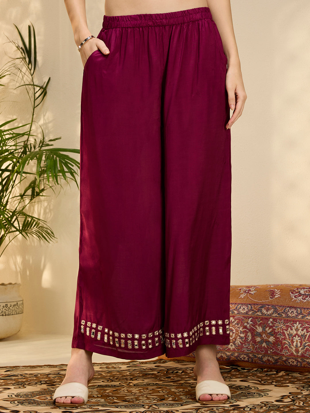Solid Mirror Work Embroidered Straight Fit Co-ord Set - Burgundy