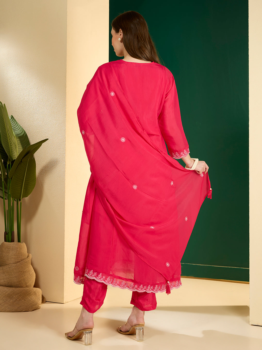 Solid Floral Embroidered A-Line Kurta with Pant & Dupatta - Pink