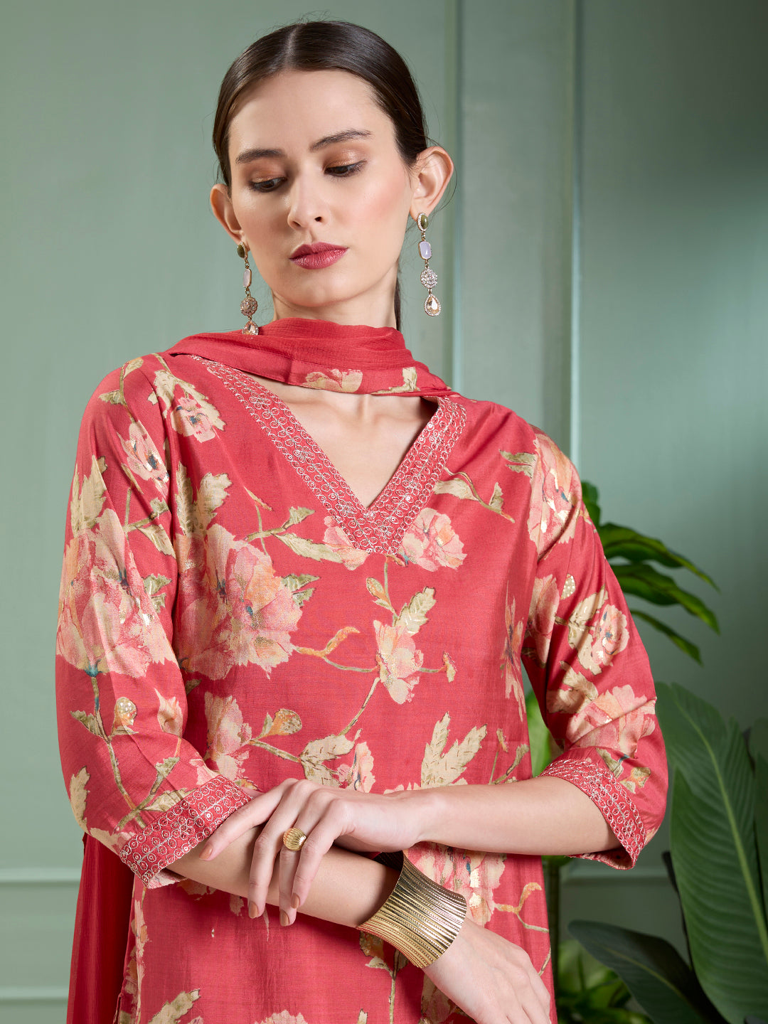 Floral Foil Printed Straight Kurta with Pant & Dupatta - Red