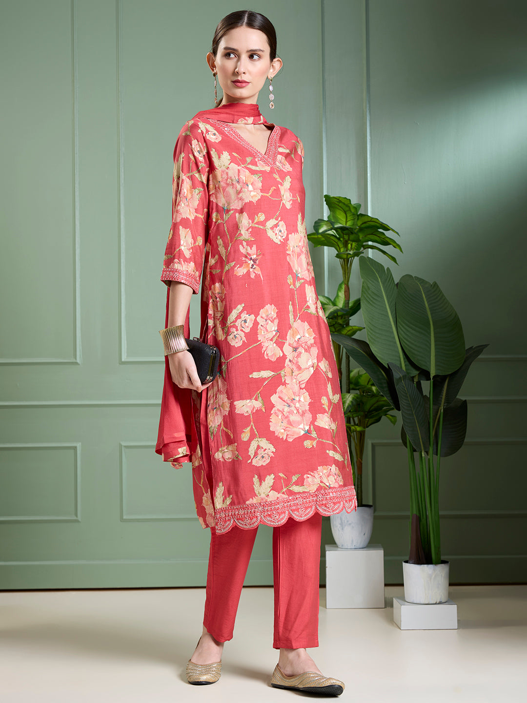 Floral Foil Printed Straight Kurta with Pant & Dupatta - Red