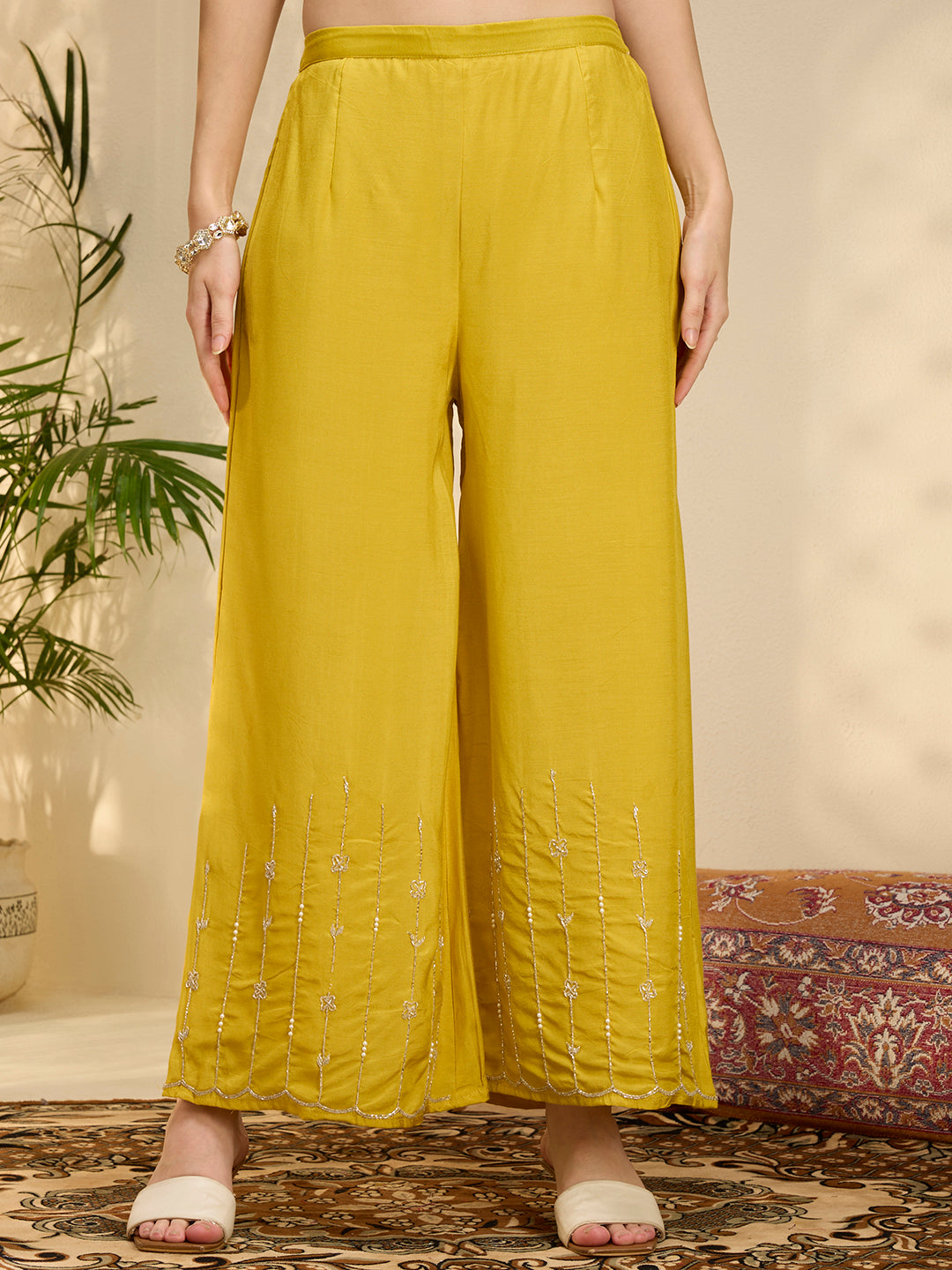 Solid Floral Hand Embroidered Straight Kurta with Palazzo & Dupatta - Mustard