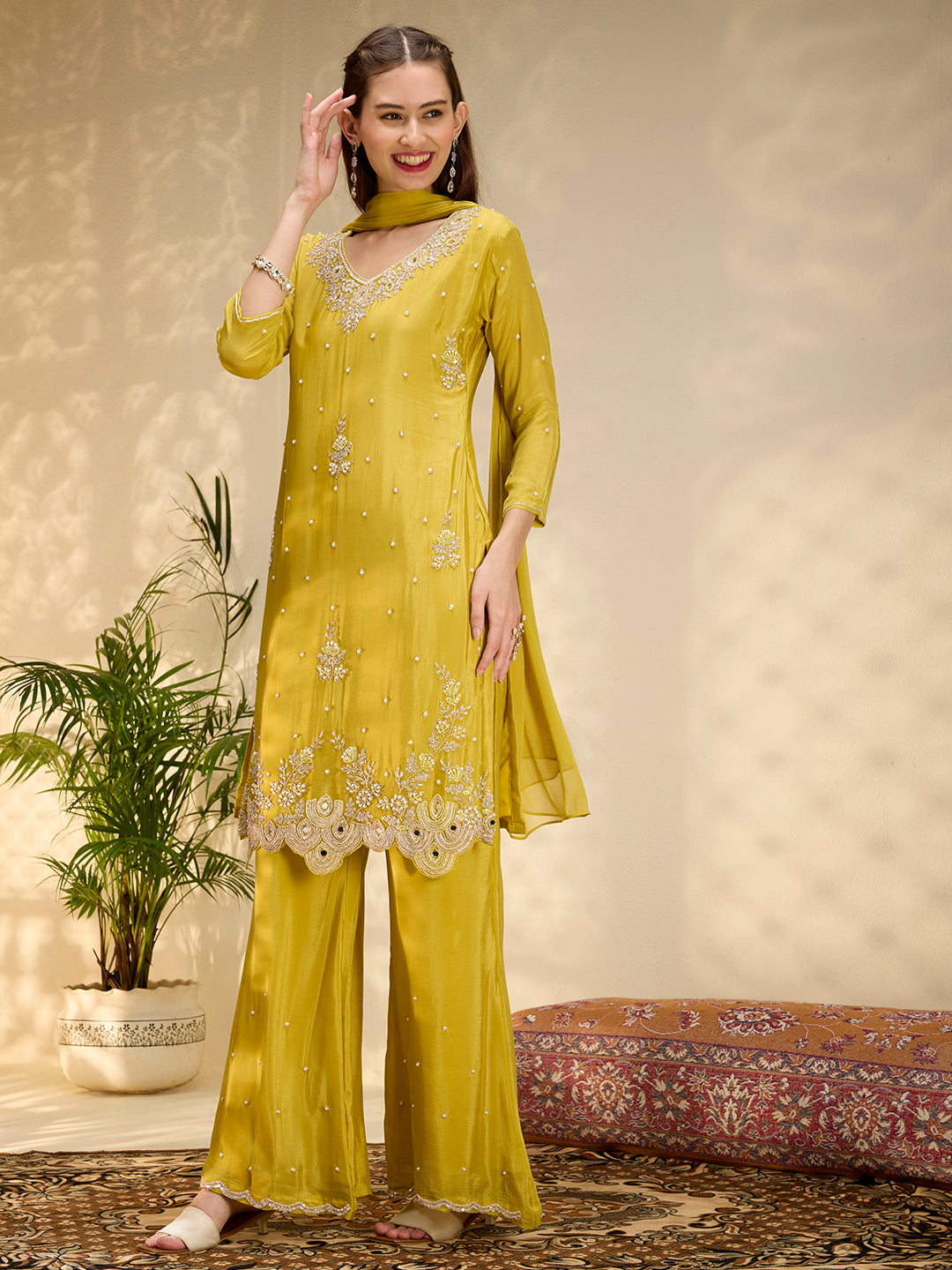 Solid Floral Hand Embroidered Straight Kurta with Palazzo & Dupatta - Yellow