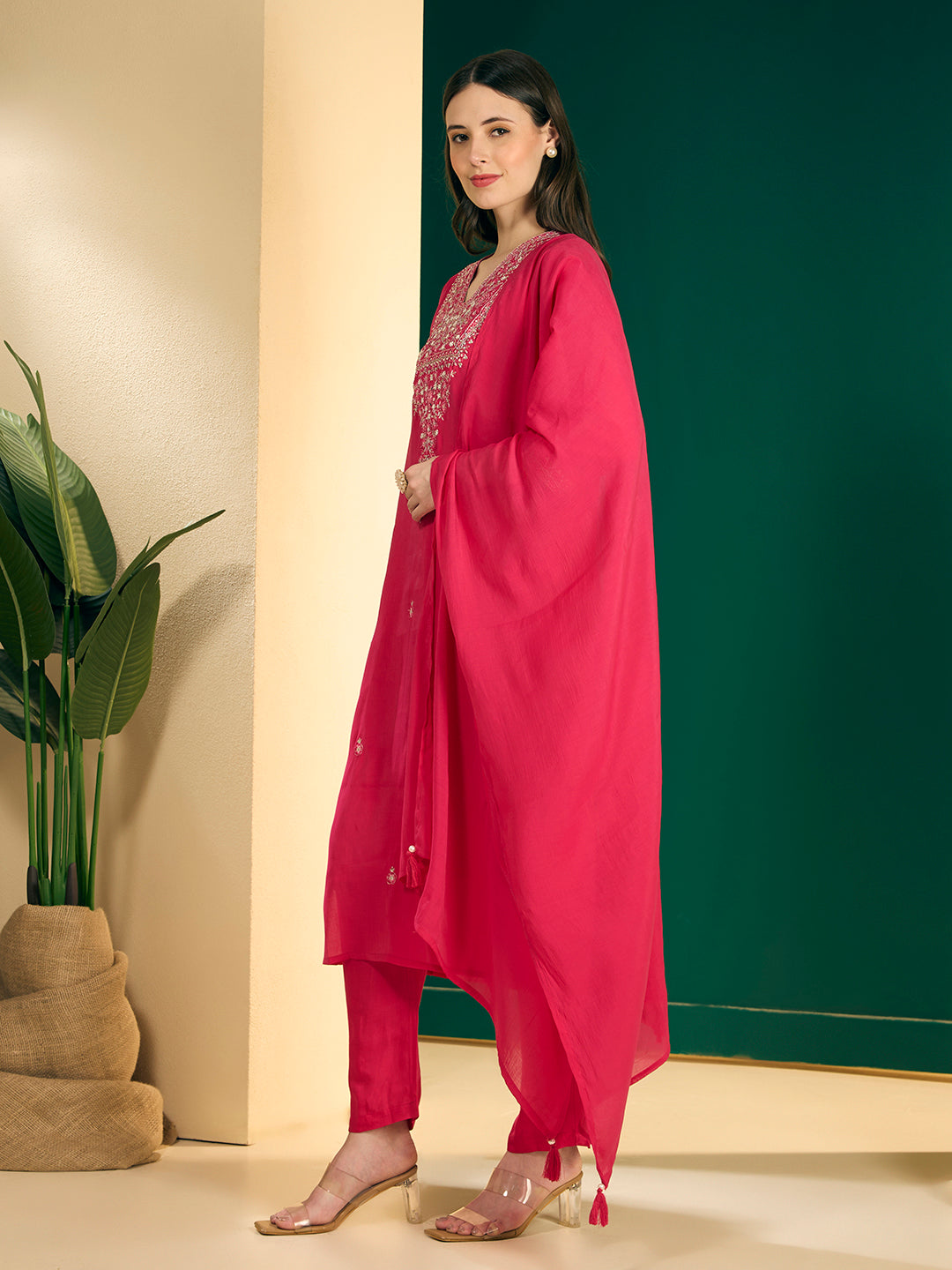 Solid Floral Embroidered Straight Kurta with Pant & Dupatta - Pink