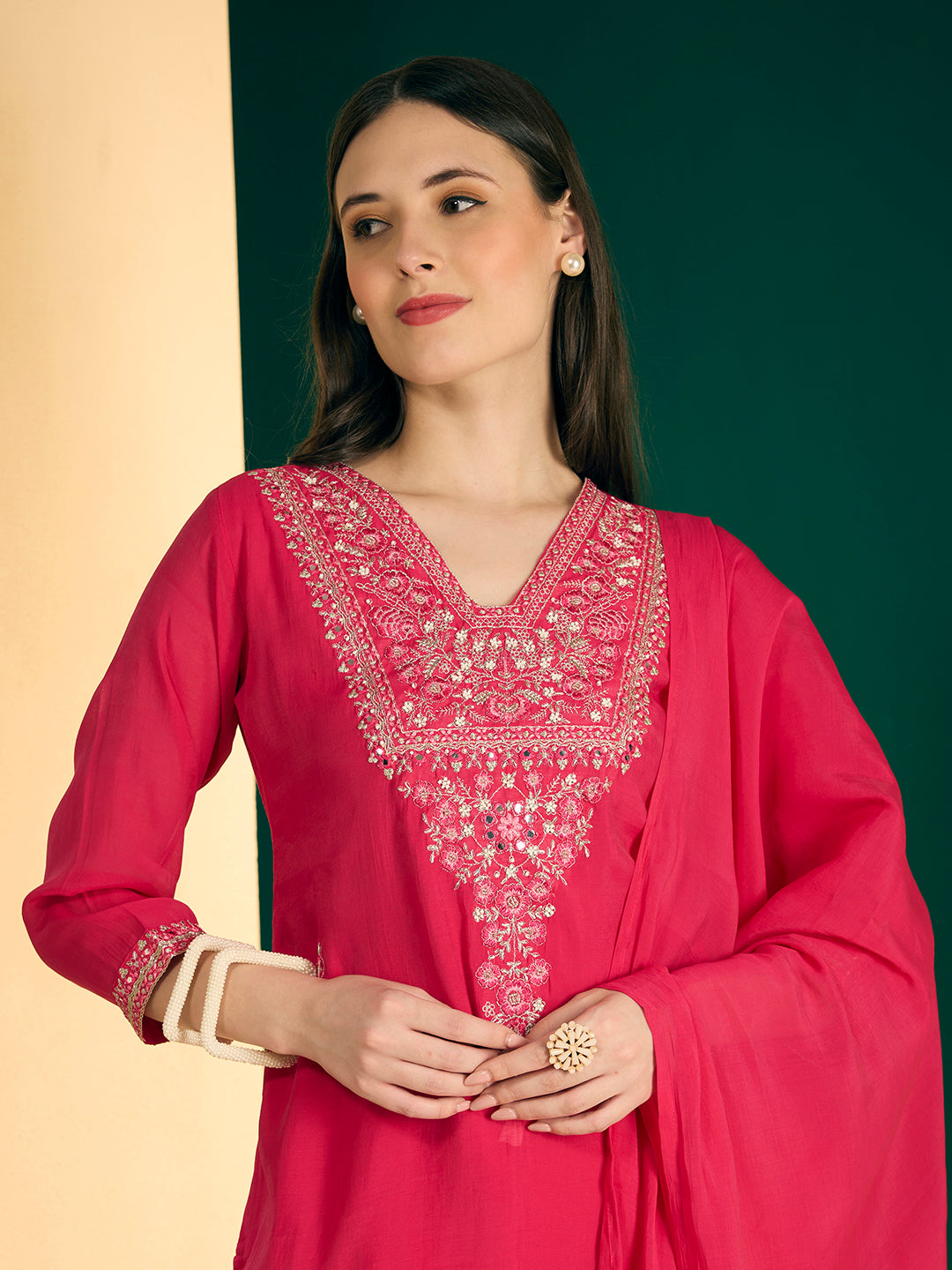Solid Floral Embroidered Straight Kurta with Pant & Dupatta - Pink