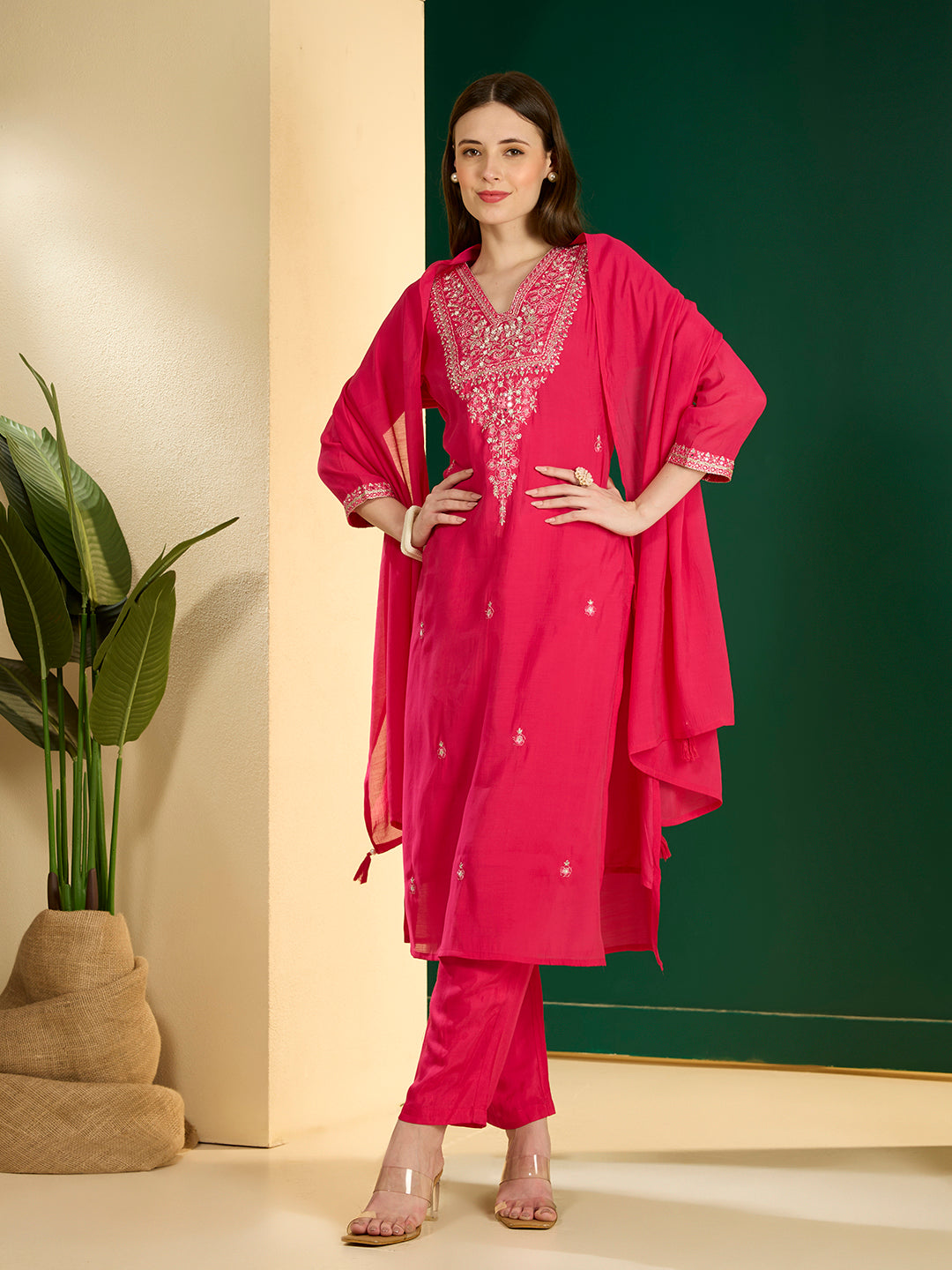 Solid Floral Embroidered Straight Kurta with Pant & Dupatta - Pink