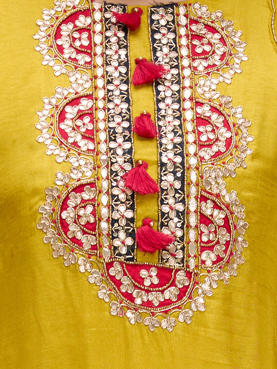 Solid Floral Gota Patti Embroidered A-Line Kurta with Pant & Dupatta - Mustard