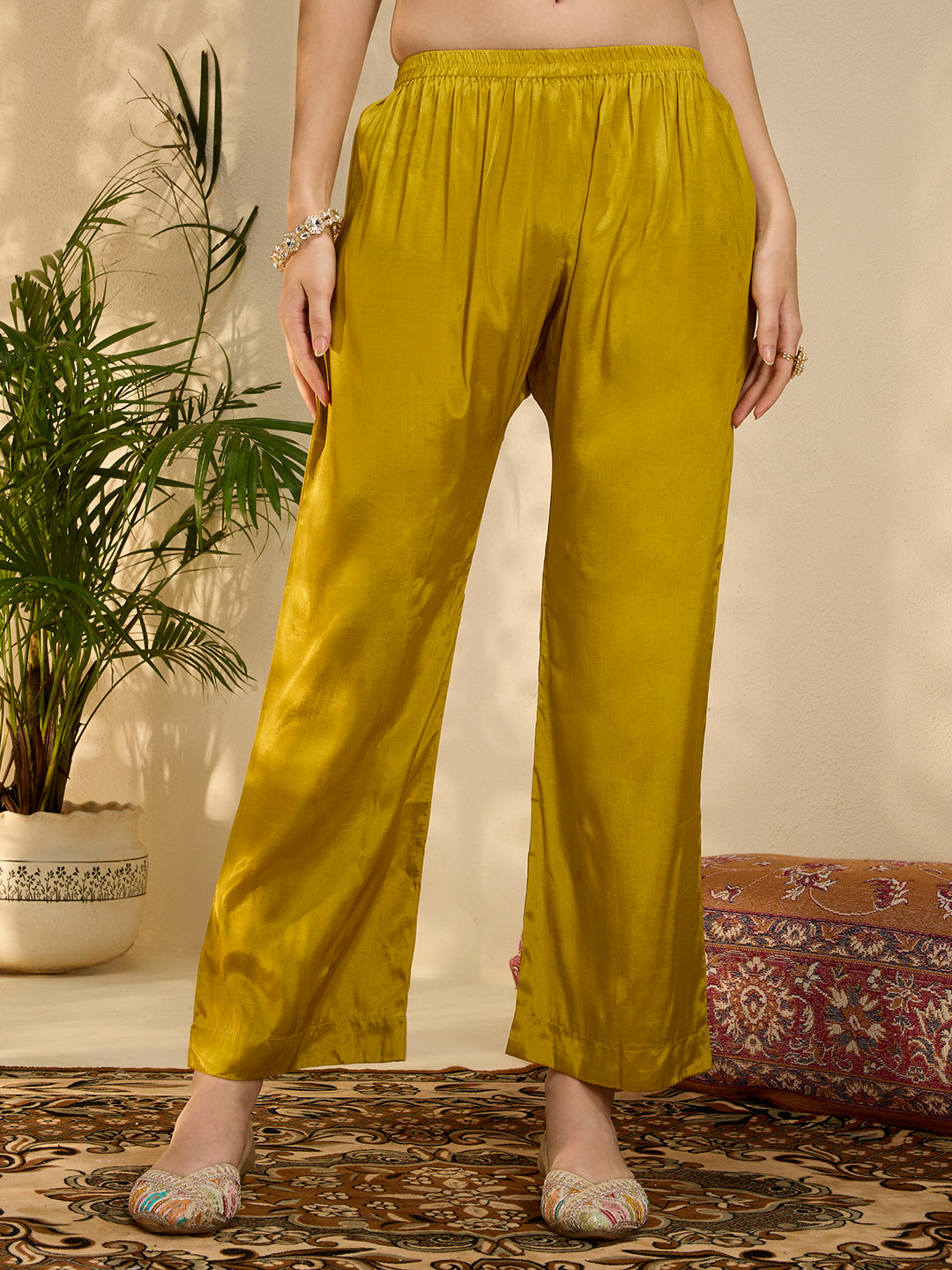 Solid Floral Gota Patti Embroidered A-Line Kurta with Pant & Dupatta - Mustard