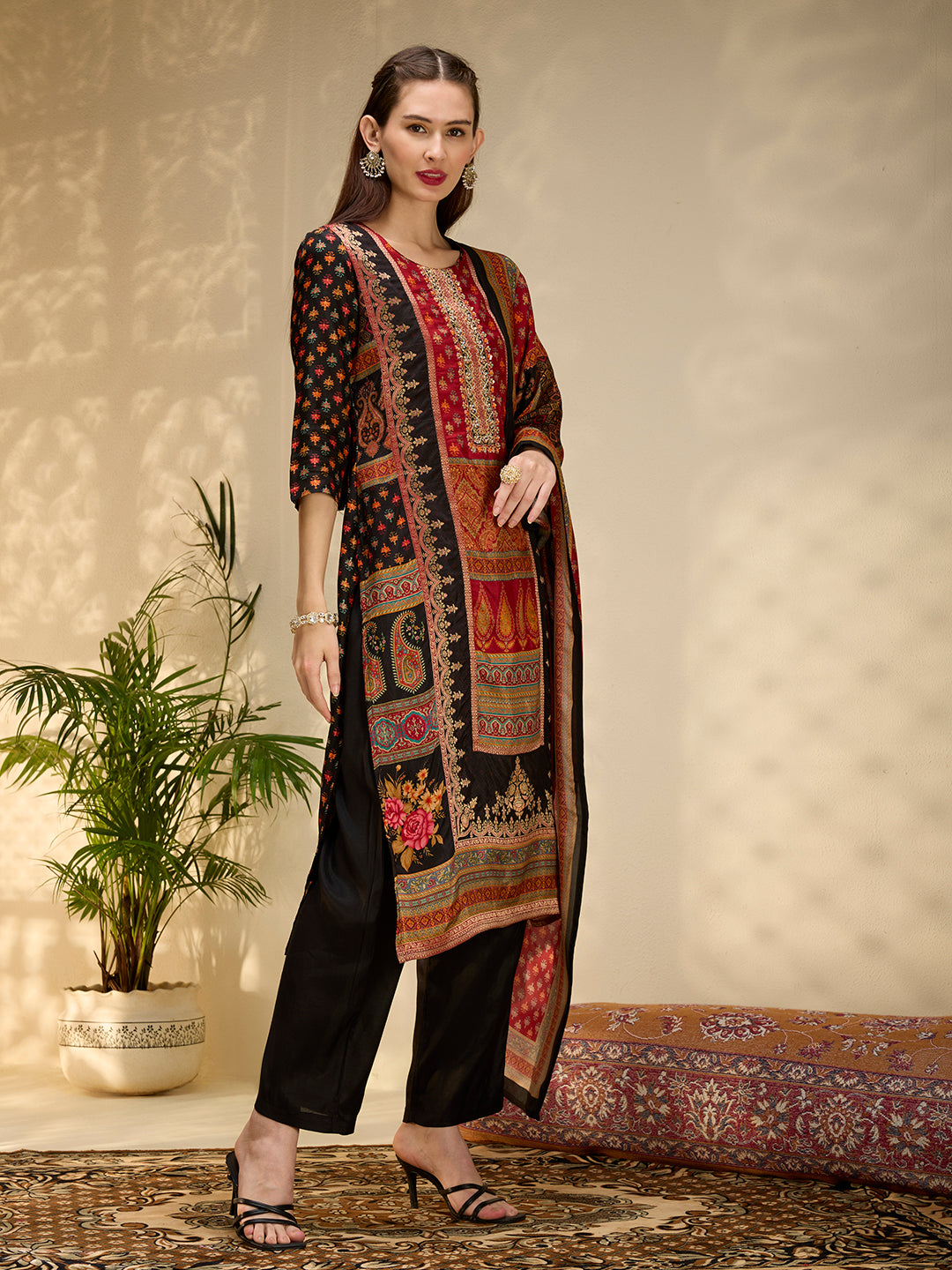 Ethnic Floral Printed & Embroidered Straight Fit Kurta with Pant and Dupatta - Black