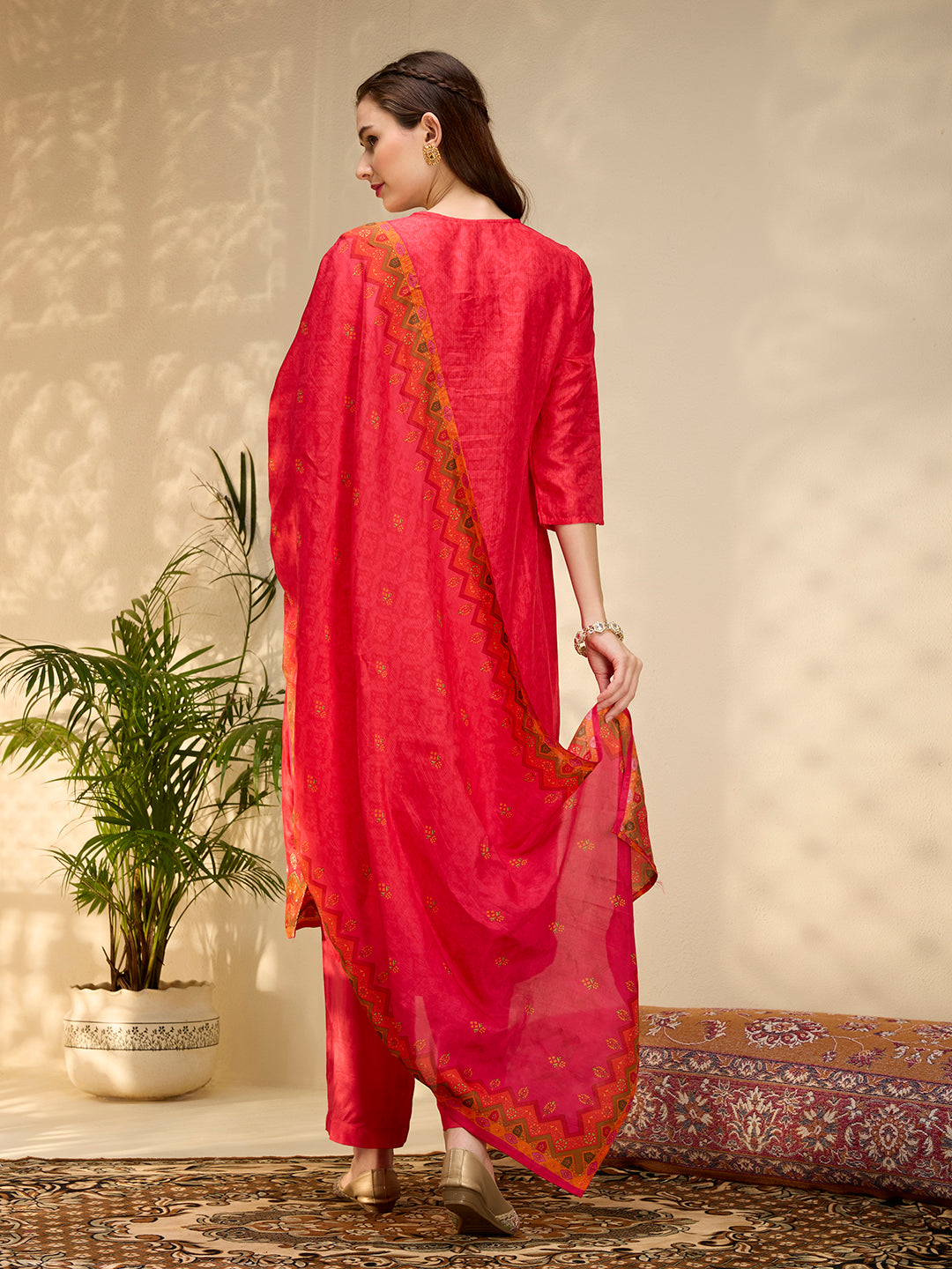 Ethnic Printed Jacquard Kurta with Pant and Dupatta - Red