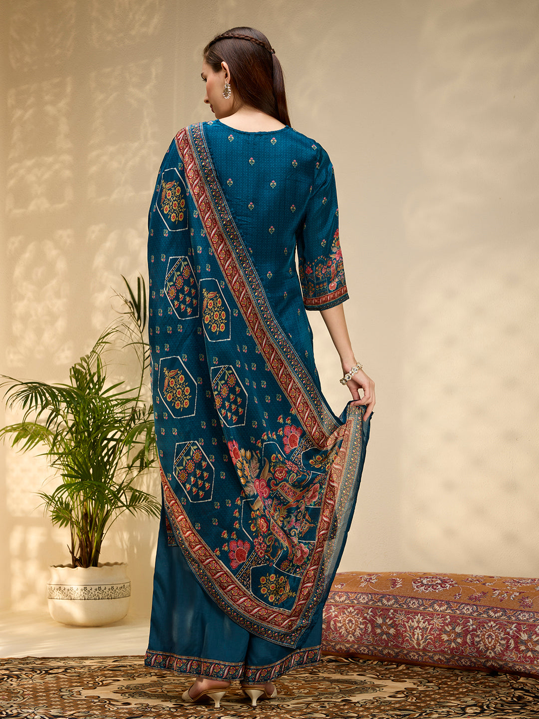 Ethnic Printed & Embroidered Straight Kurta with Palazzo & Dupatta - Navy Blue