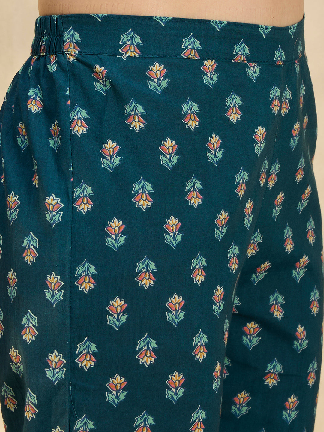 Ethnic Floral Printed & Embroidered Anarkali Kurta with Pant & Dupatta - Teal