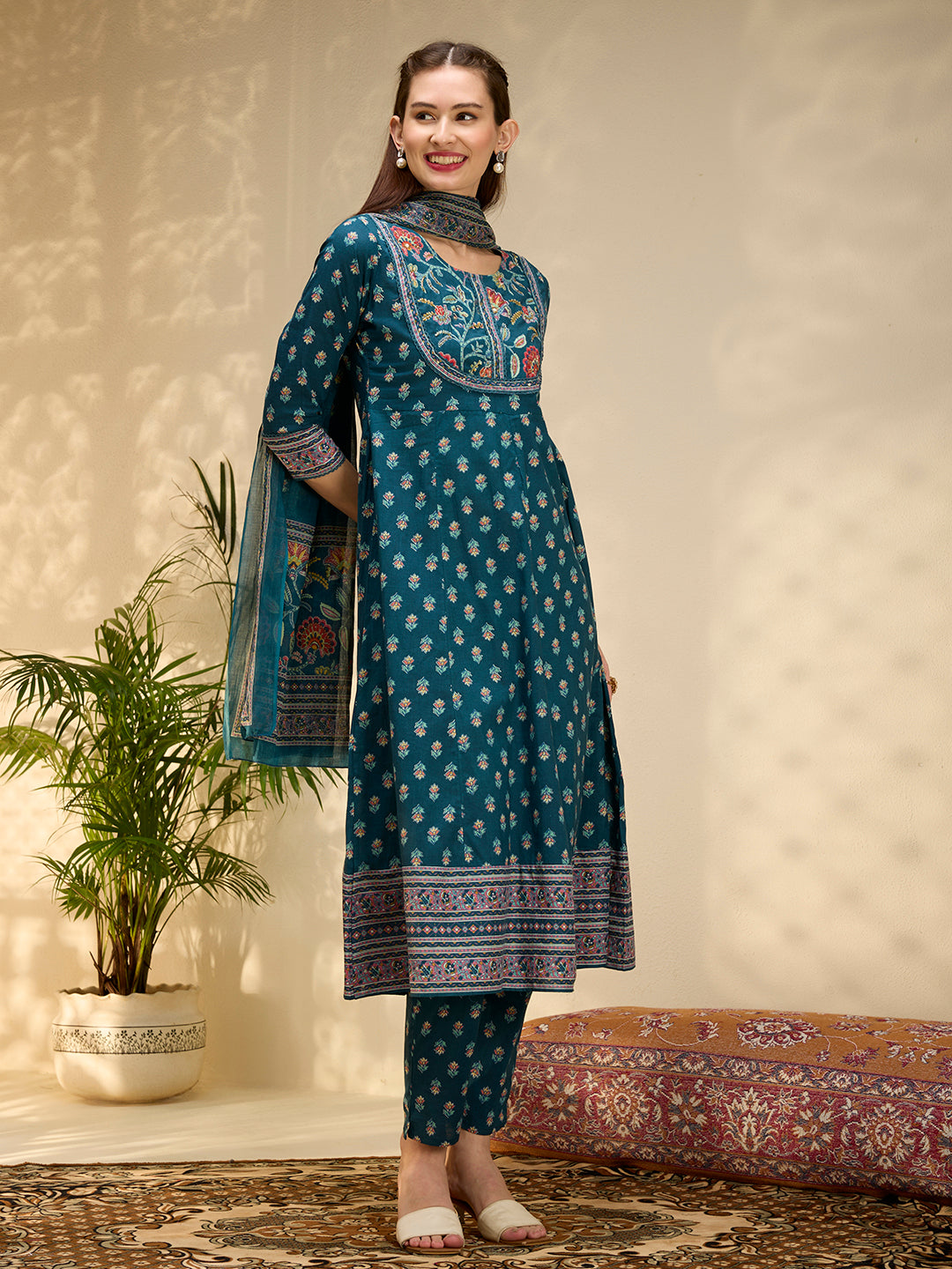 Ethnic Floral Printed & Embroidered Anarkali Kurta with Pant & Dupatta - Teal