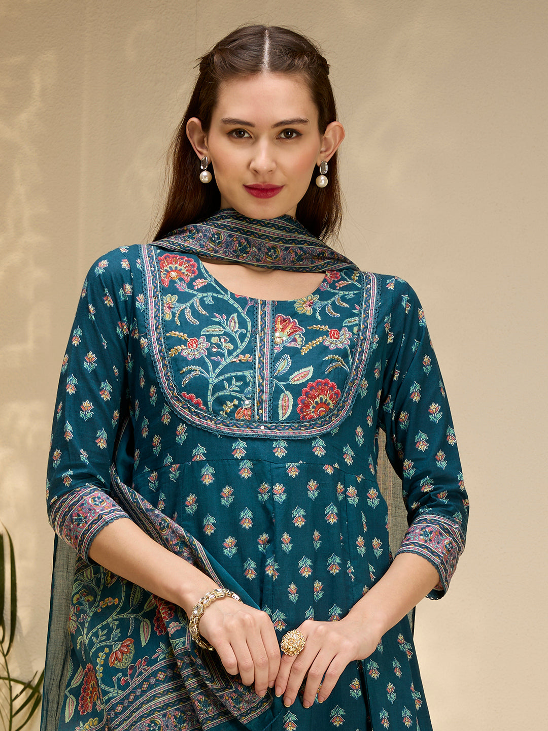 Ethnic Floral Printed & Embroidered Anarkali Kurta with Pant & Dupatta - Teal