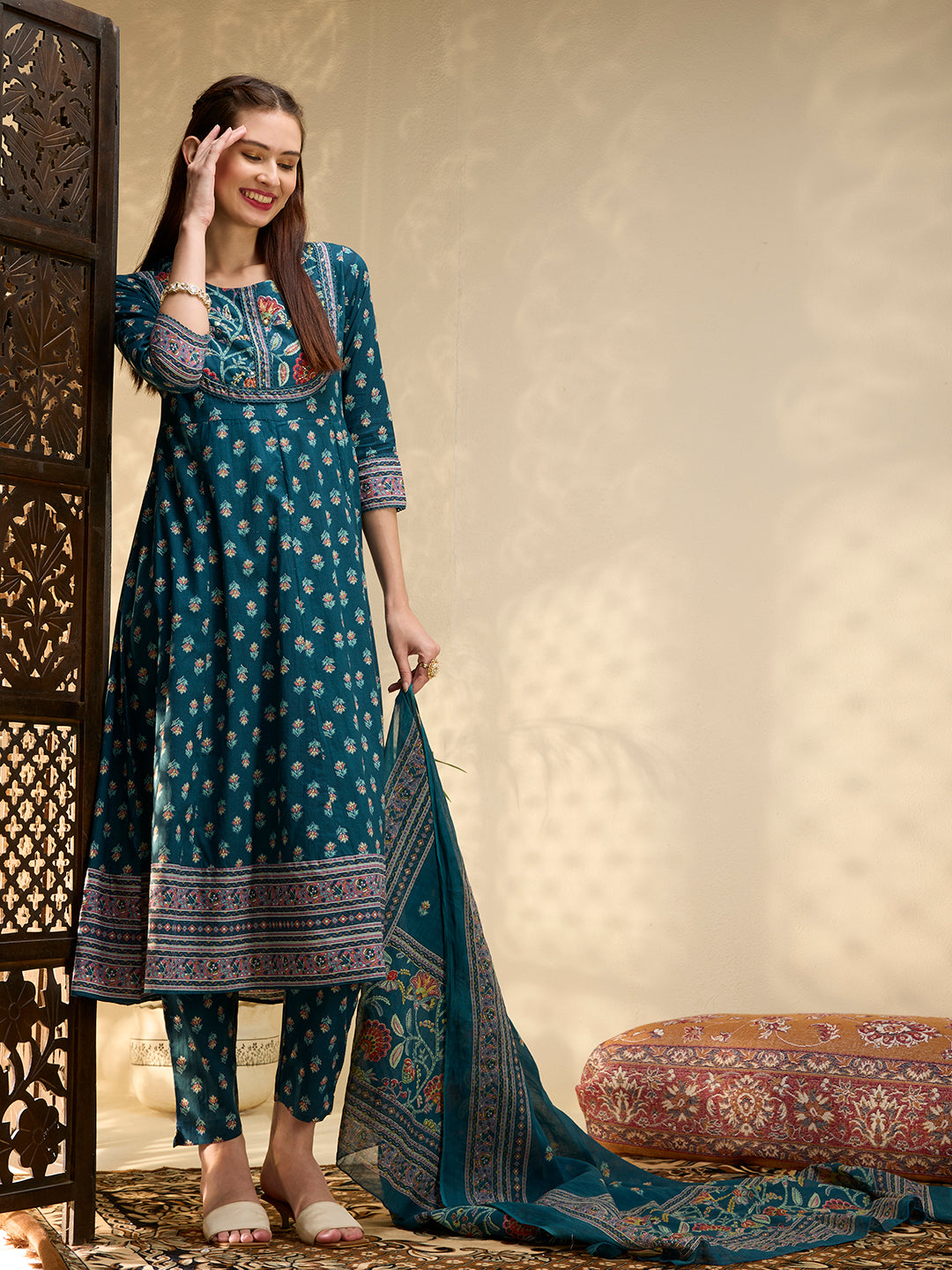 Ethnic Floral Printed & Embroidered Anarkali Kurta with Pant & Dupatta - Teal