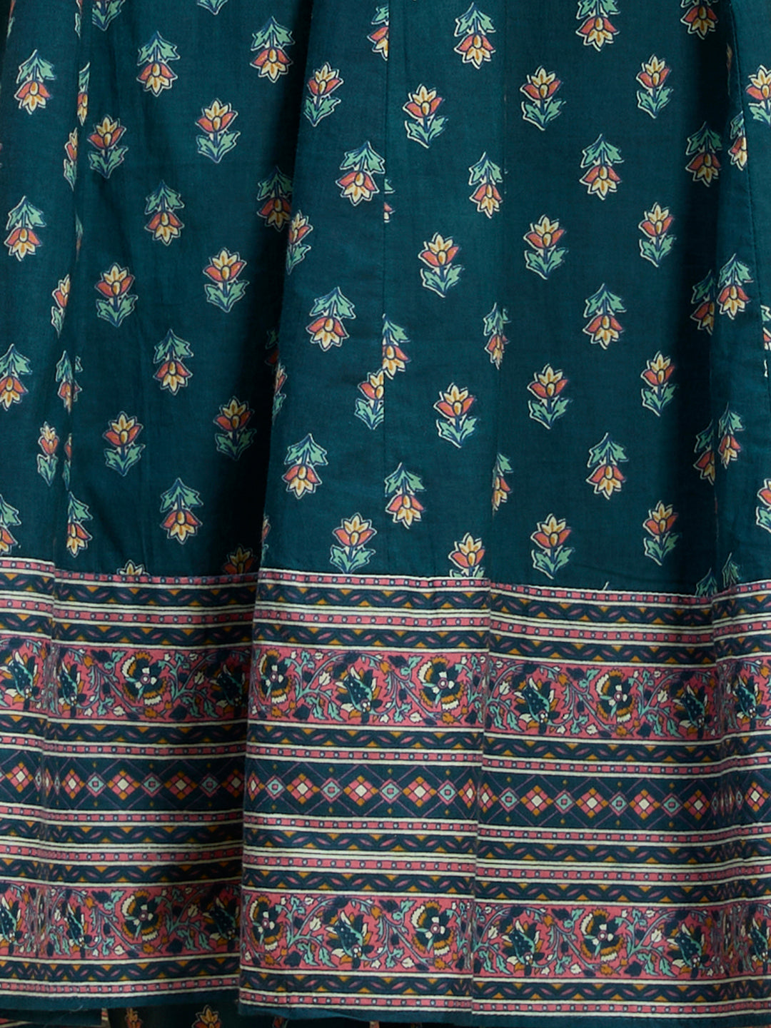 Ethnic Floral Printed & Embroidered Anarkali Kurta with Pant & Dupatta - Teal