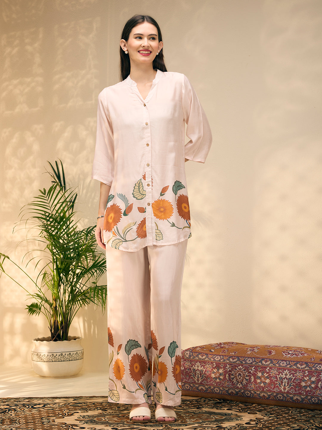 Ethnic Floral Printed Straight Fit Co-ord Set - Off White