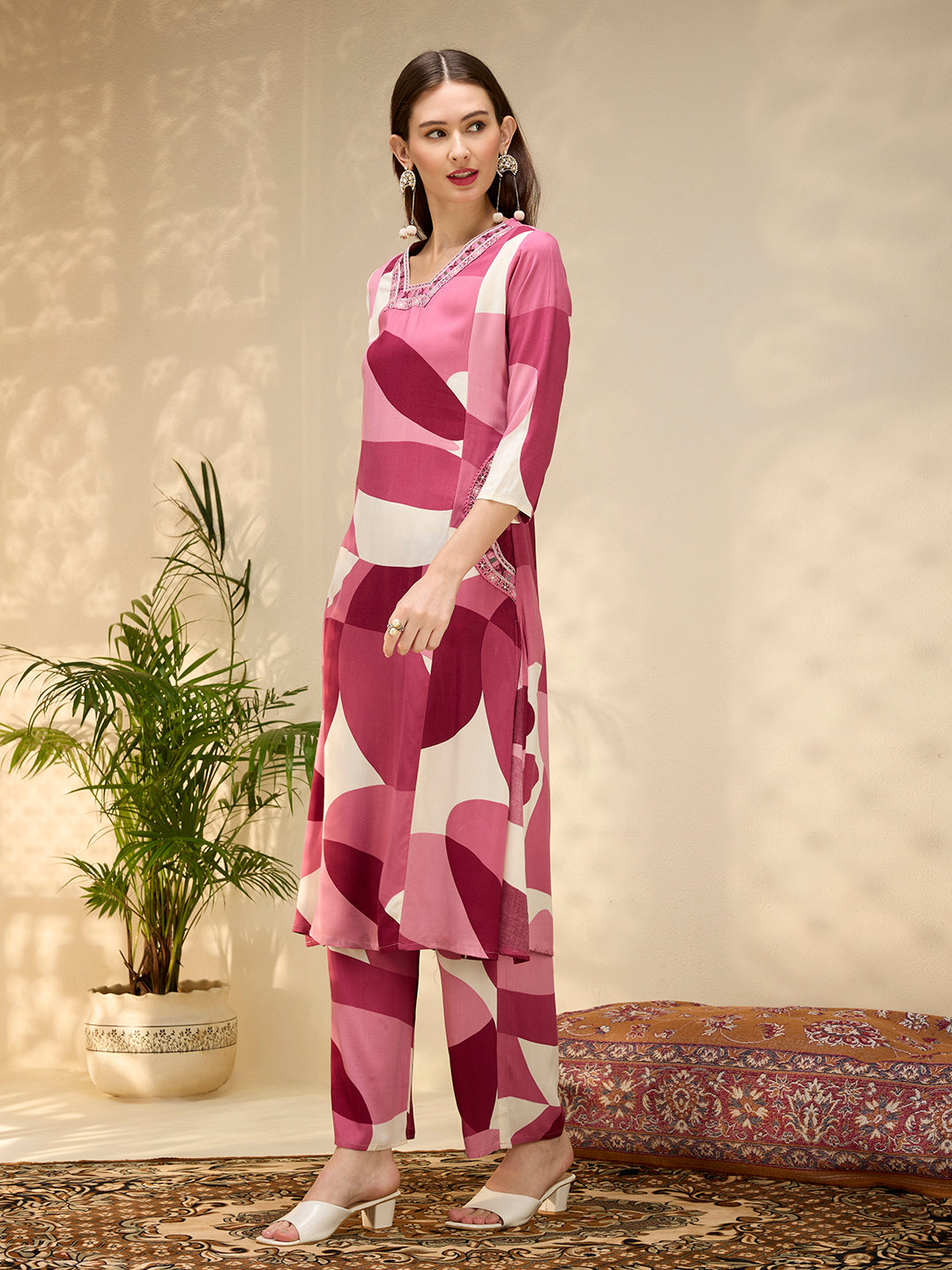 Abstract Printed & Embroidered A-Line Kurta with Palazzo - Multi