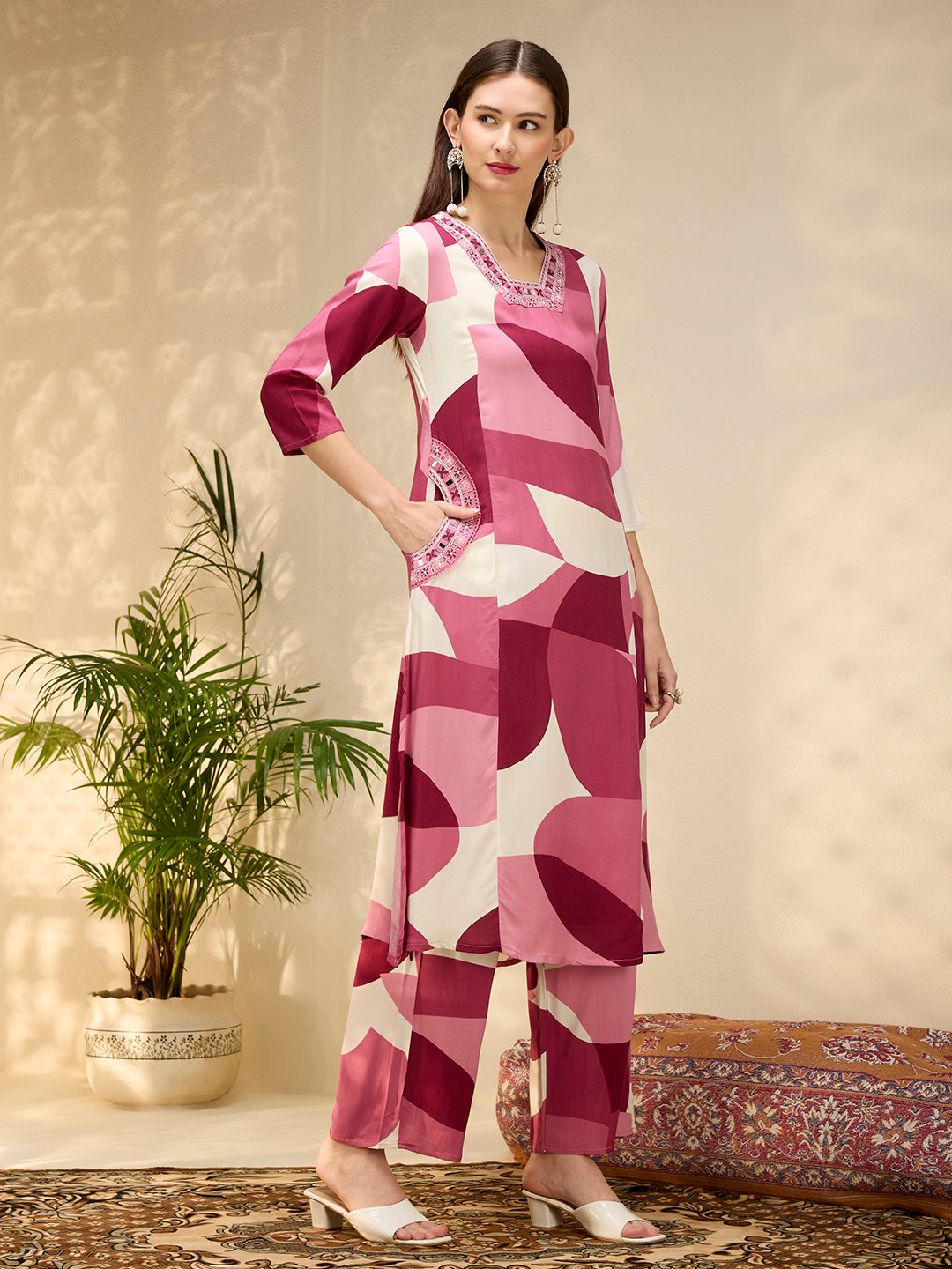 Abstract Printed & Embroidered A-Line Kurta with Palazzo - Multi
