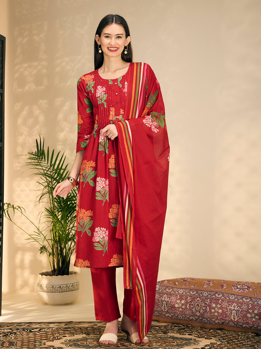 Floral Printed A-Line Pleated Kurta with Pant & Dupatta - Maroon