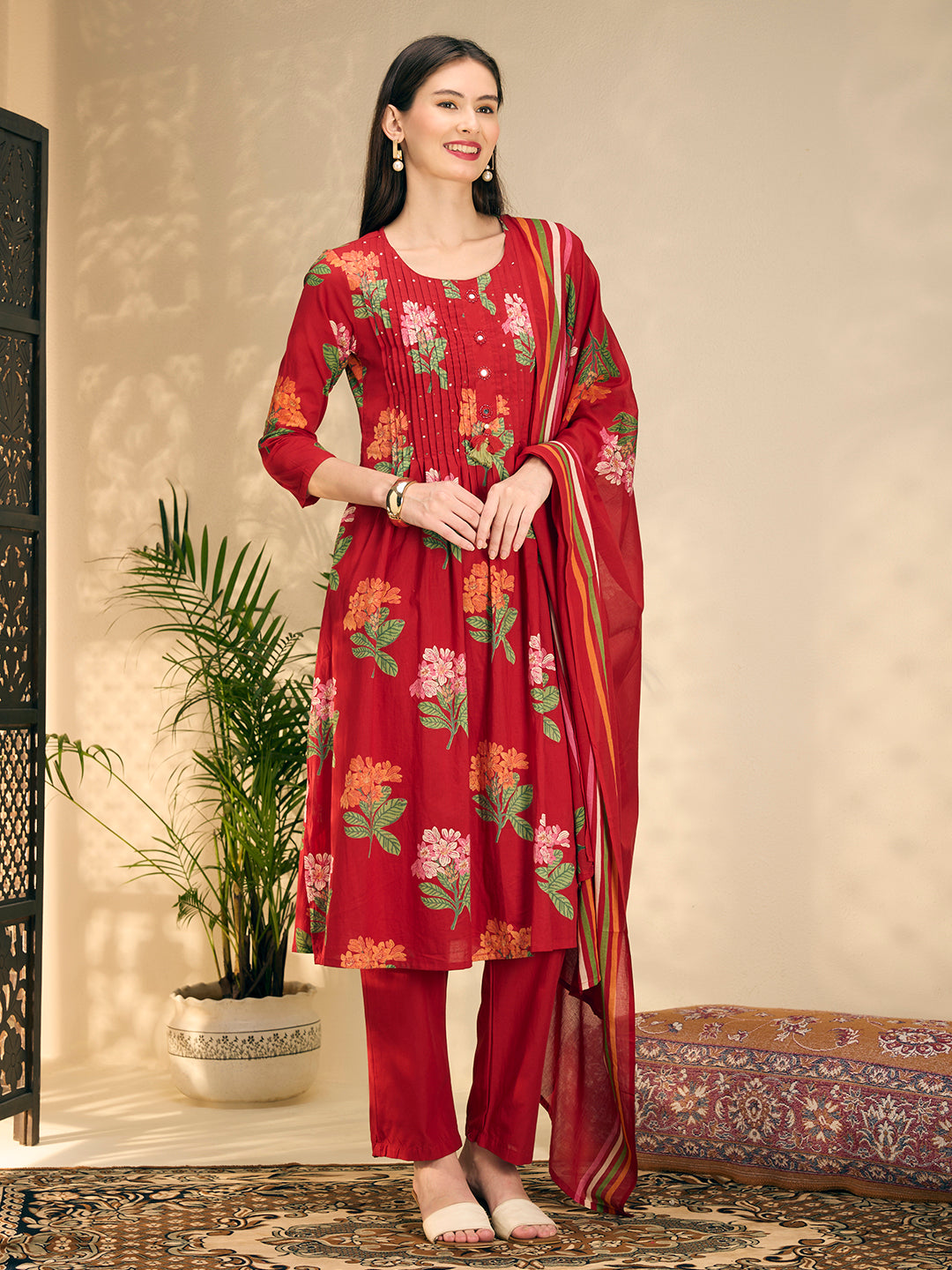 Floral Printed A-Line Pleated Kurta with Pant & Dupatta - Maroon