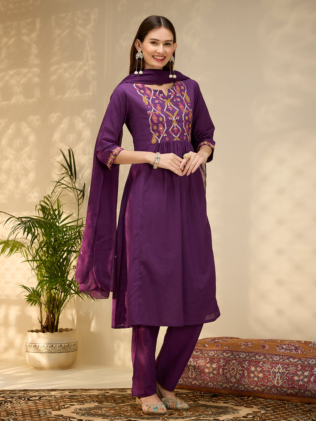Solid Geometric Embroidered A-Line Pleated Kurta with Pant and Dupatta - Purple