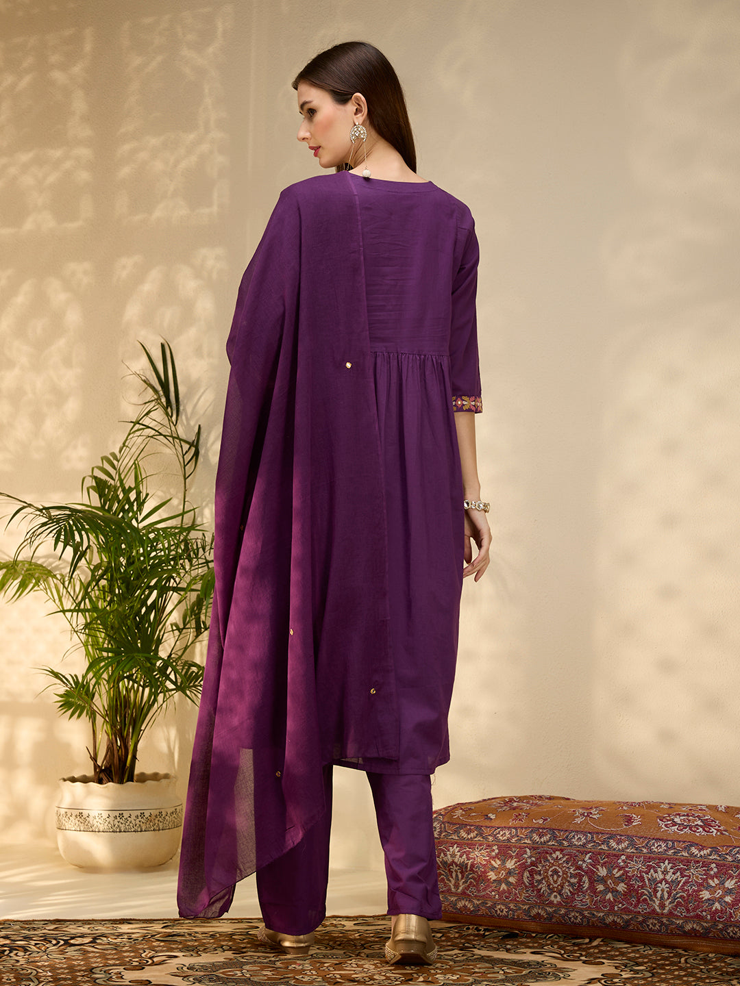 Solid Geometric Embroidered A-Line Pleated Kurta with Pant and Dupatta - Purple