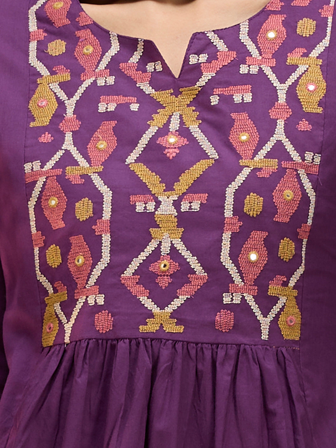 Solid Geometric Embroidered A-Line Pleated Kurta with Pant and Dupatta - Purple