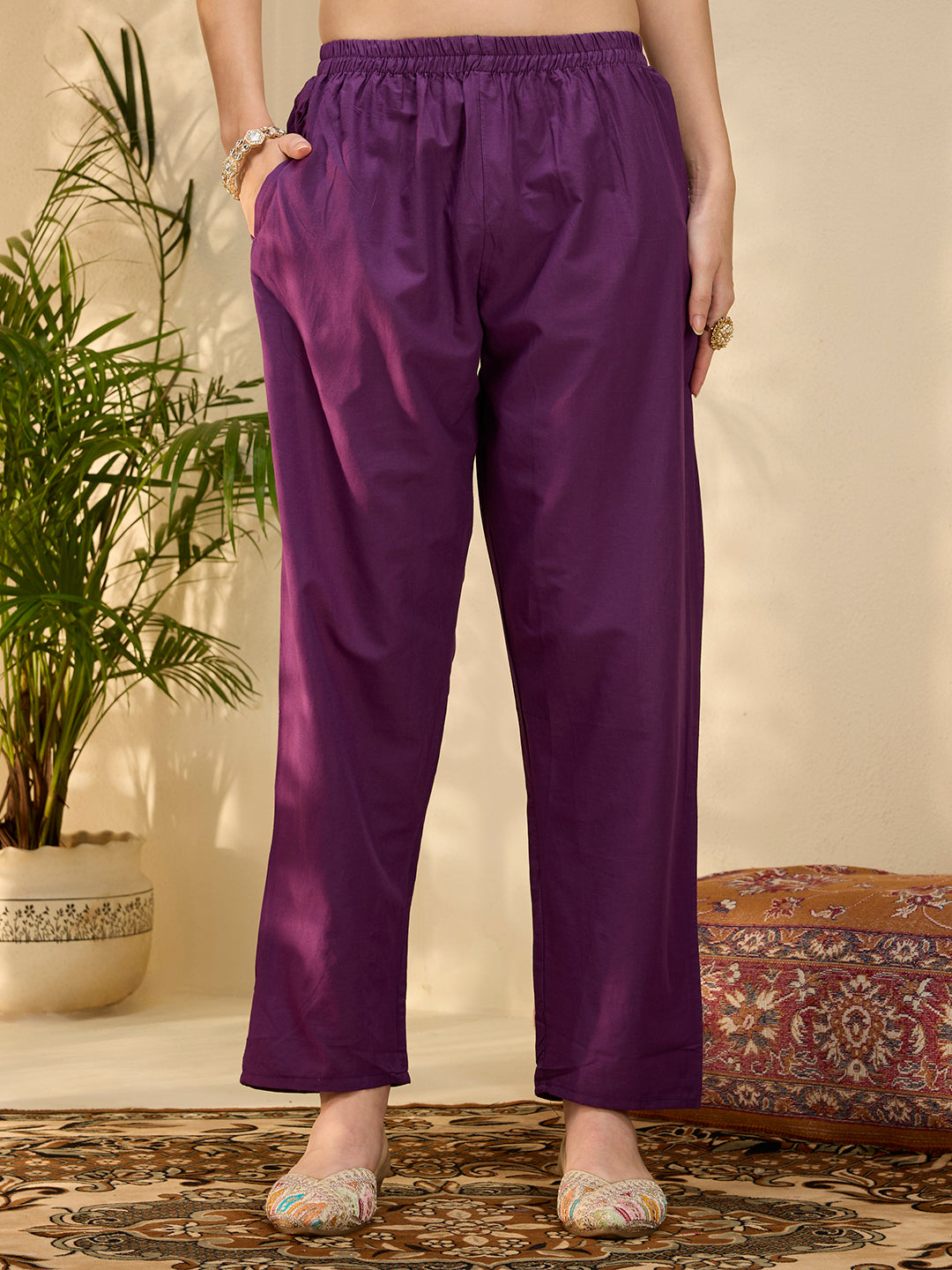 Solid Geometric Embroidered A-Line Pleated Kurta with Pant and Dupatta - Purple