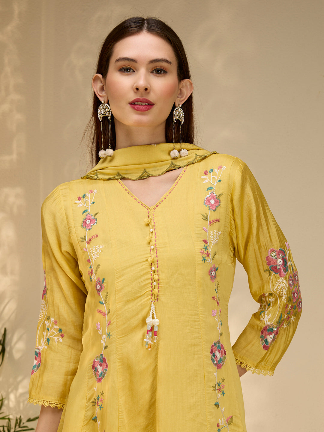 Solid Floral Embroidered Anarkali with Palazzo & Scalloped Dupatta - Yellow