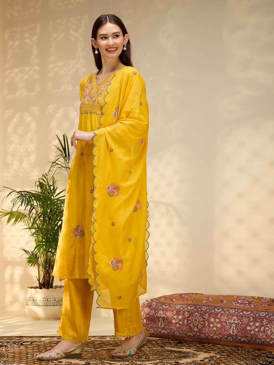 Solid Floral Threadwork A-Line Kurta with Palazzo & Dupatta - Yellow