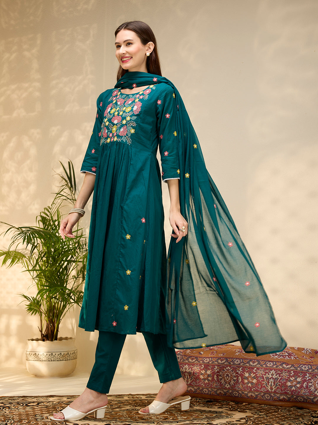Solid Floral Embroidered A-Line Flared Kurta with Pant & Dupatta - Green