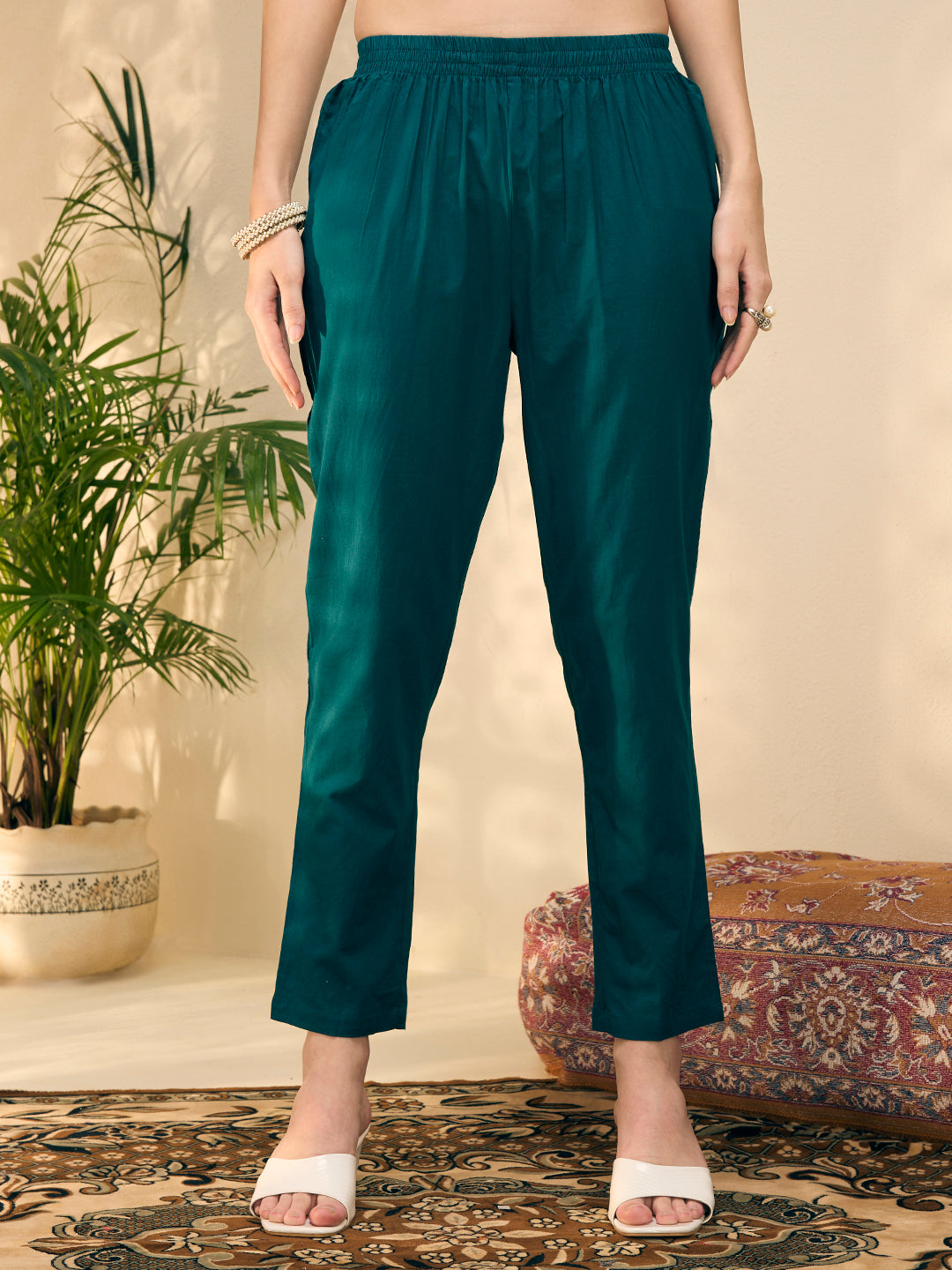 Solid Floral Embroidered A-Line Flared Kurta with Pant & Dupatta - Green