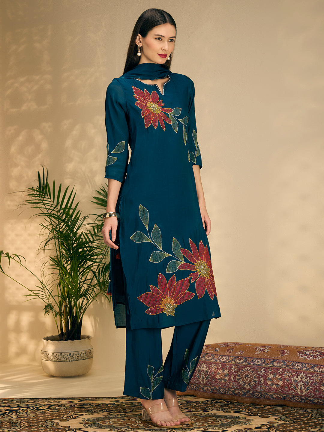 Festive Solid Abstract Floral Embroidered Straight Fit Kurta with Pant and Dupatta - Teal