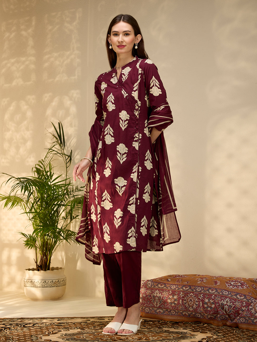 Ethnic Floral Printed Embroidered A-Line Kurta with Pant & Dupatta - Wine