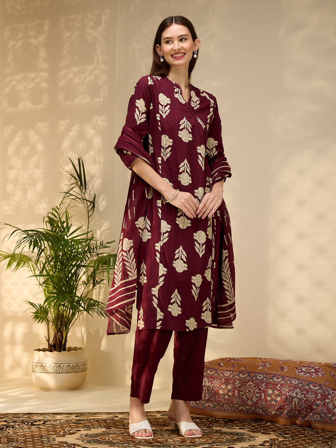 Ethnic Floral Printed Embroidered A-Line Kurta with Pant & Dupatta - Wine