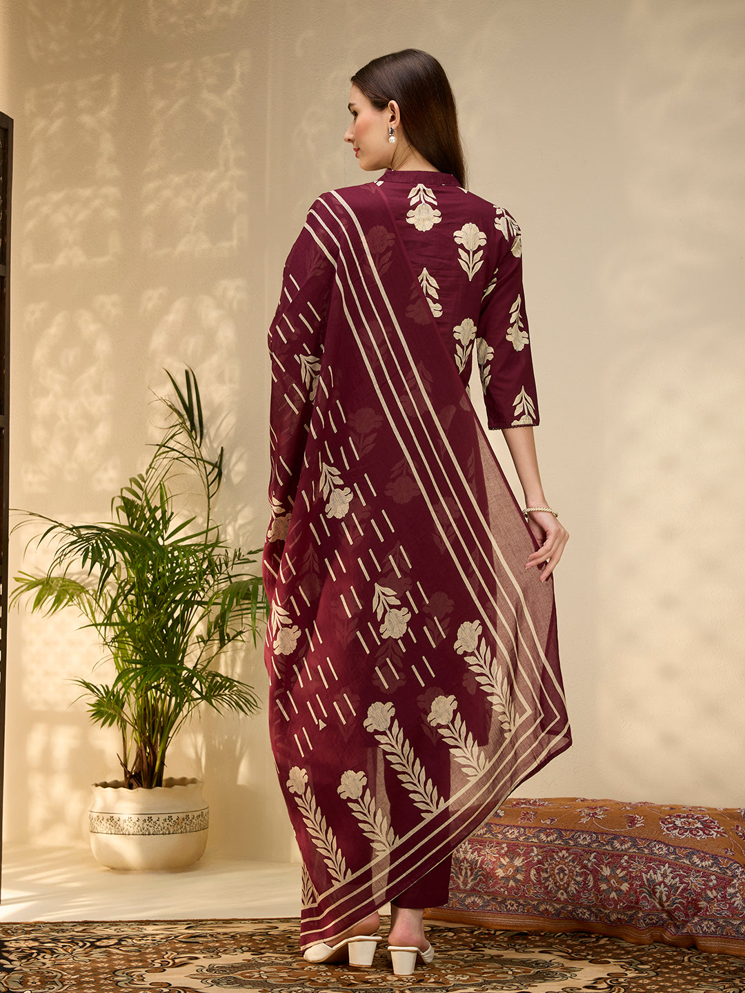 Ethnic Floral Printed Embroidered A-Line Kurta with Pant & Dupatta - Wine