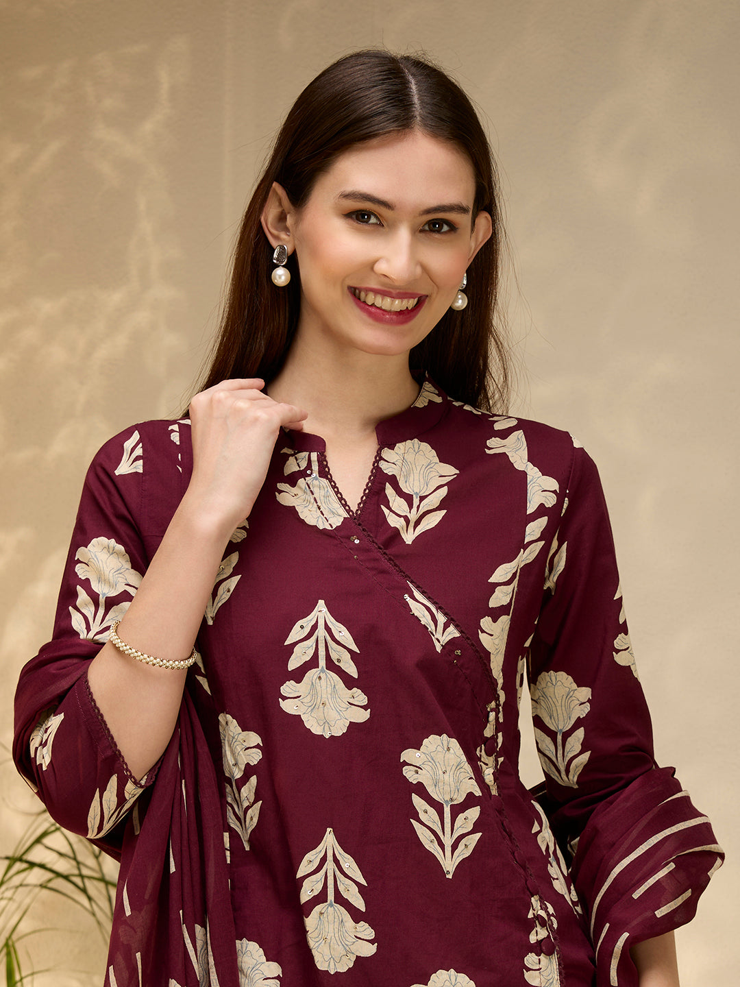 Ethnic Floral Printed Embroidered A-Line Kurta with Pant & Dupatta - Wine