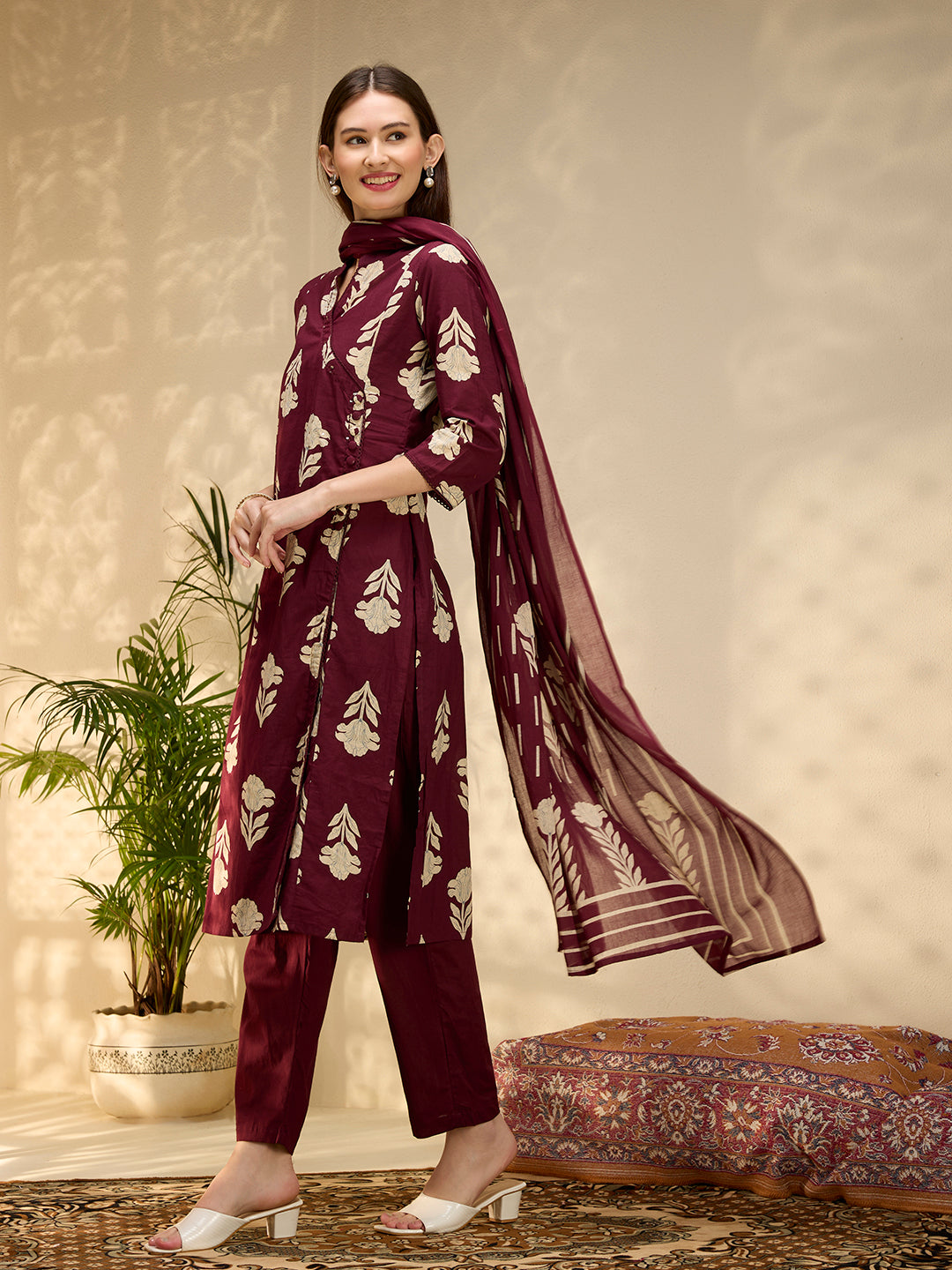 Ethnic Floral Printed Embroidered A-Line Kurta with Pant & Dupatta - Wine