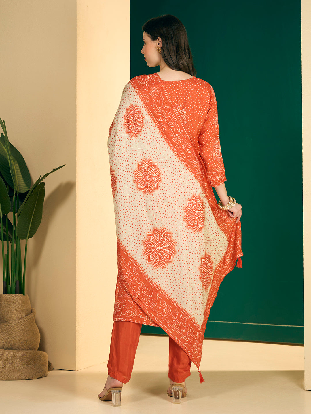 Bandhani Printed Embroidered Straight Kurta with Palazzo and Dupatta - Orange
