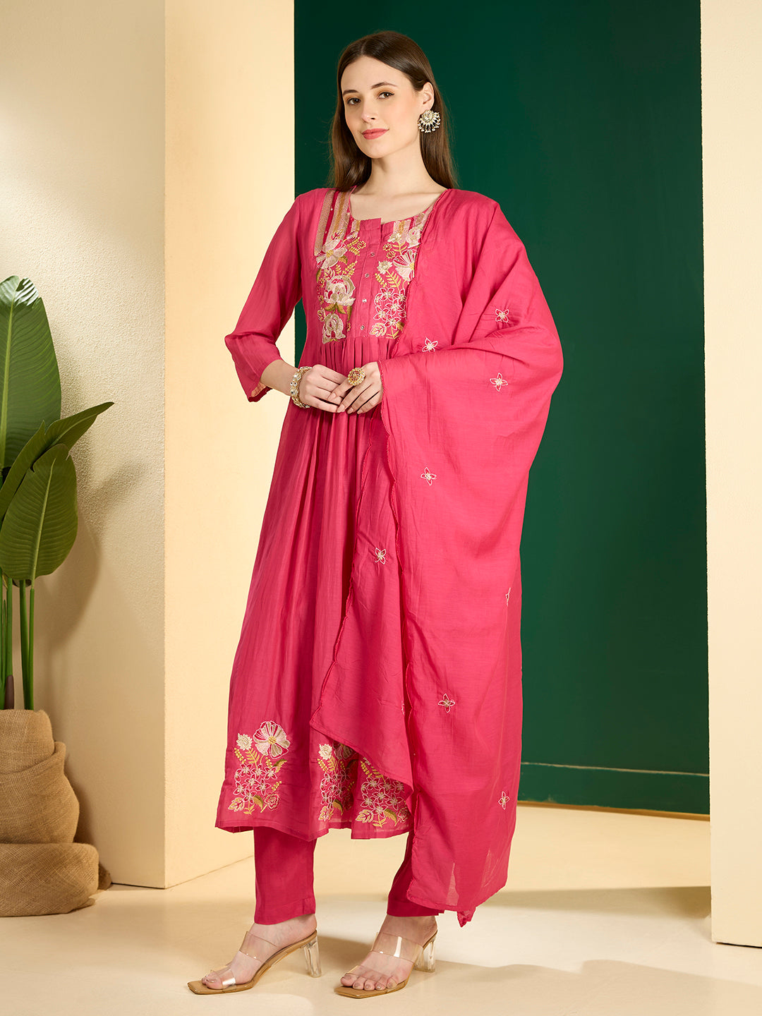 Festive Resham Embroidered A-Line Pleated with Pant & Scalloped Dupatta - Rani