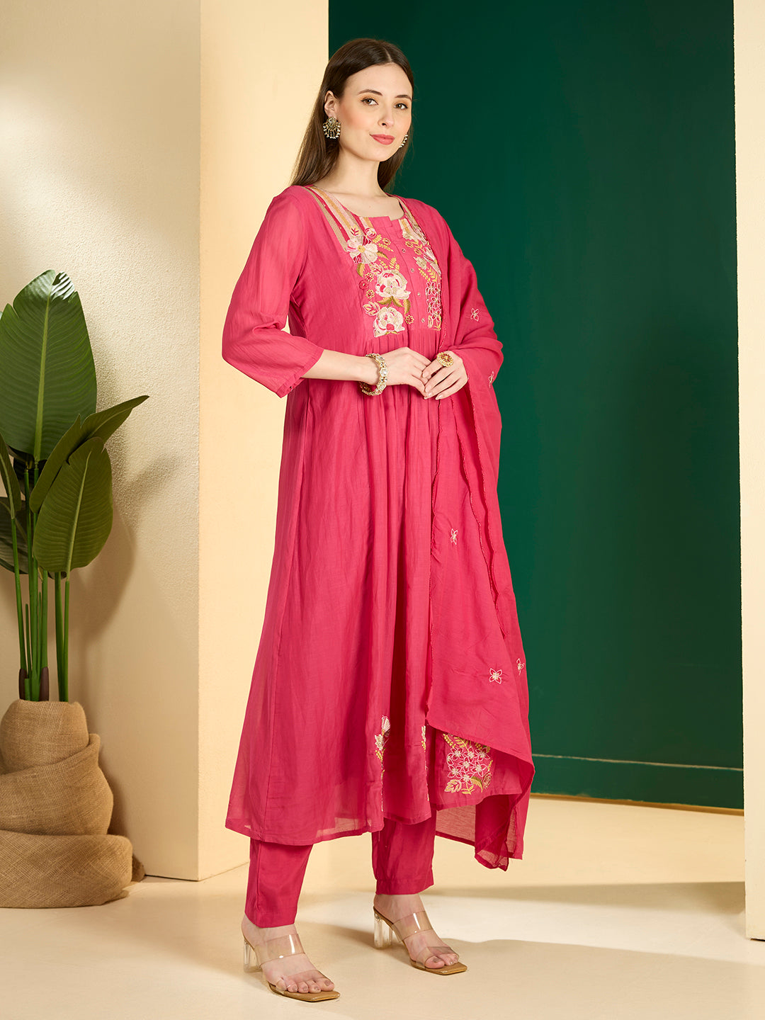 Festive Resham Embroidered A-Line Pleated with Pant & Scalloped Dupatta - Rani