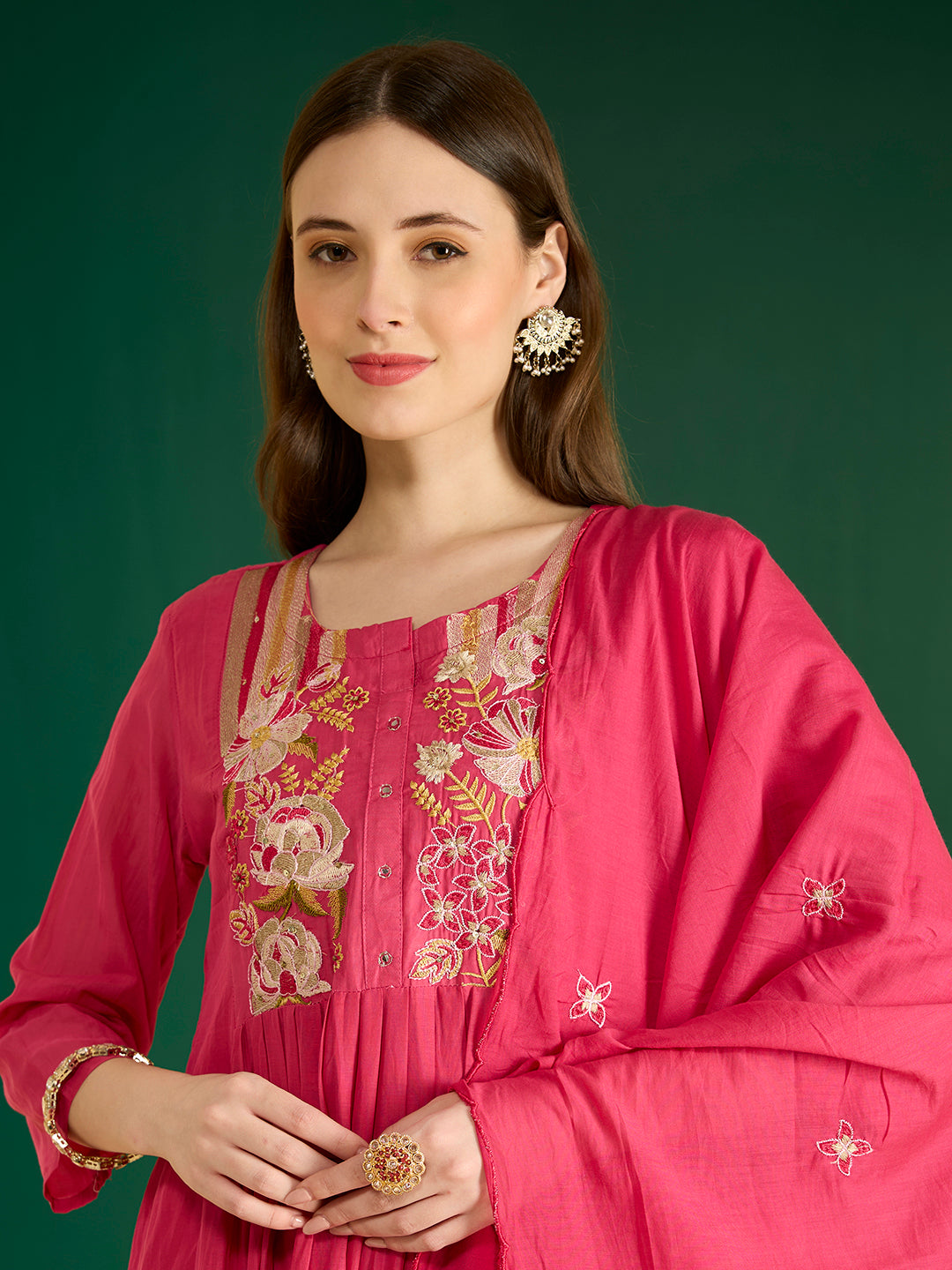 Festive Resham Embroidered A-Line Pleated with Pant & Scalloped Dupatta - Rani