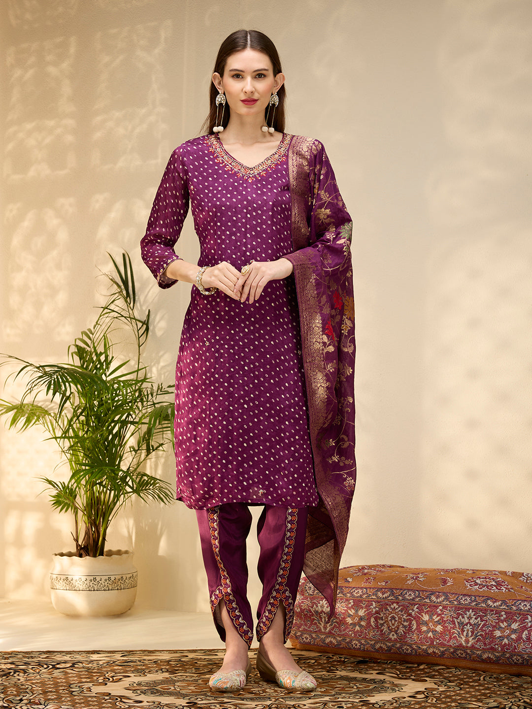 Solid Ethnic Embroidered Straight Kurta with Dhoti & Dupatta - Purple