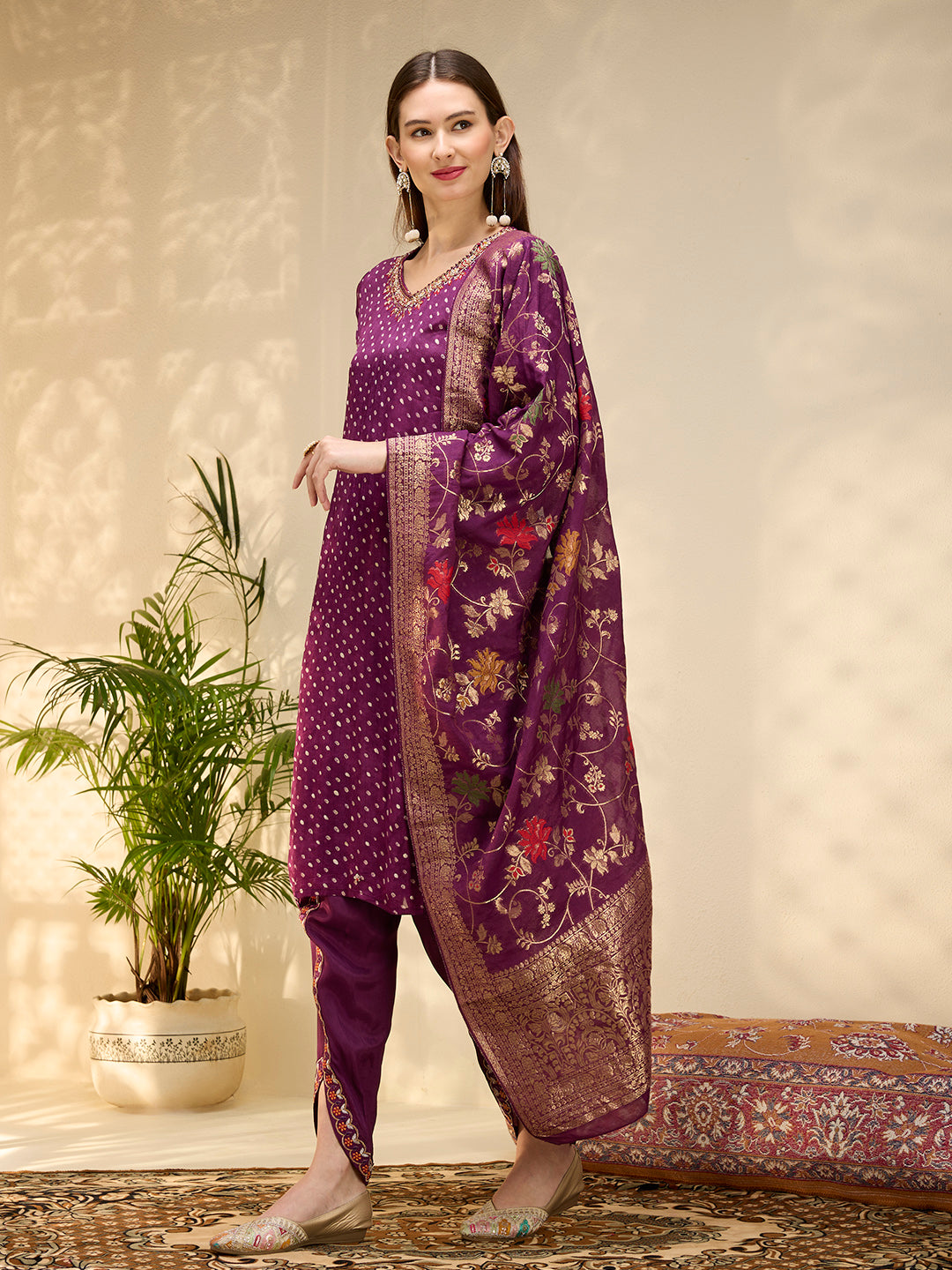 Solid Ethnic Embroidered Straight Kurta with Dhoti & Dupatta - Purple