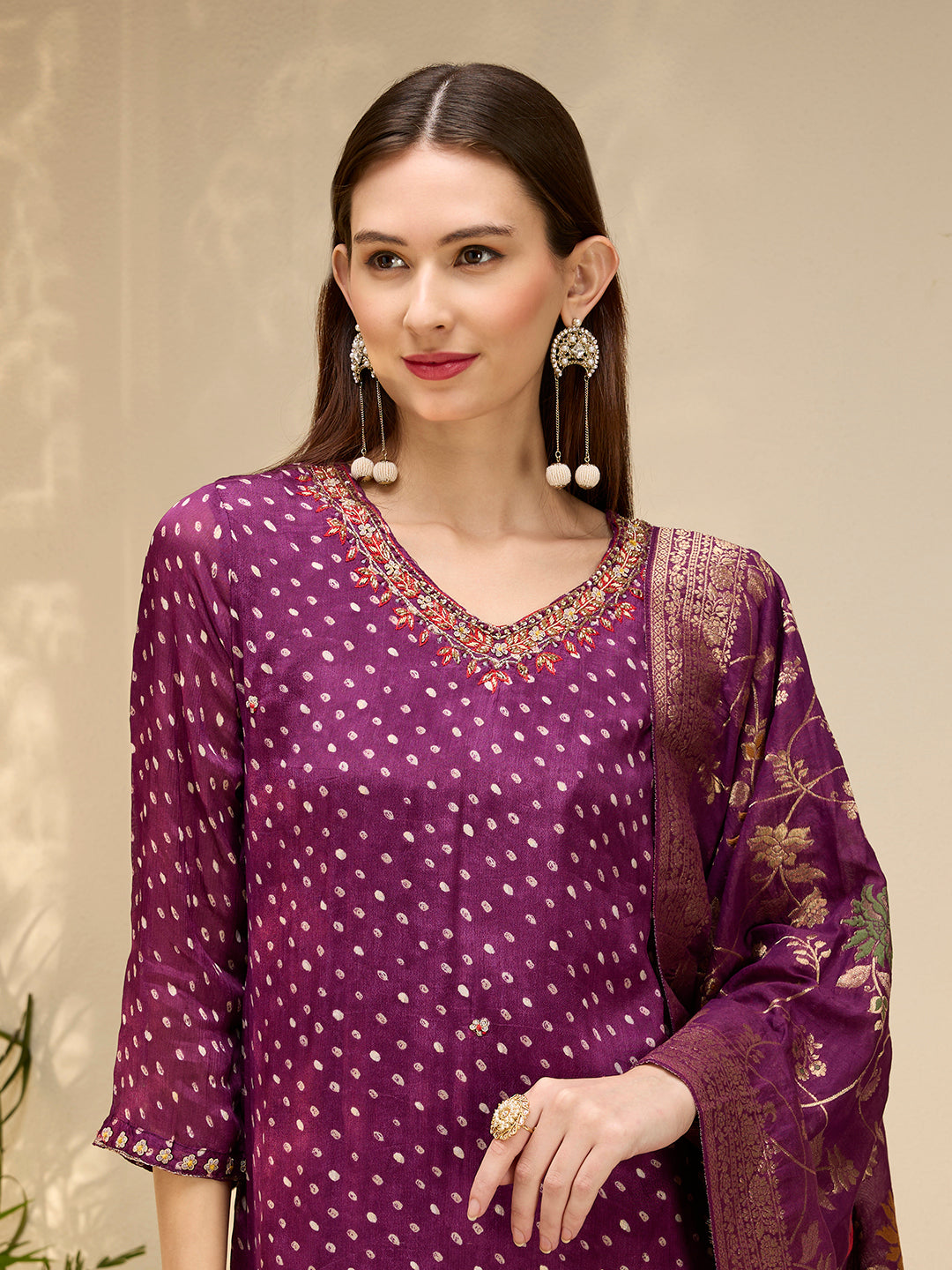 Solid Ethnic Embroidered Straight Kurta with Dhoti & Dupatta - Purple