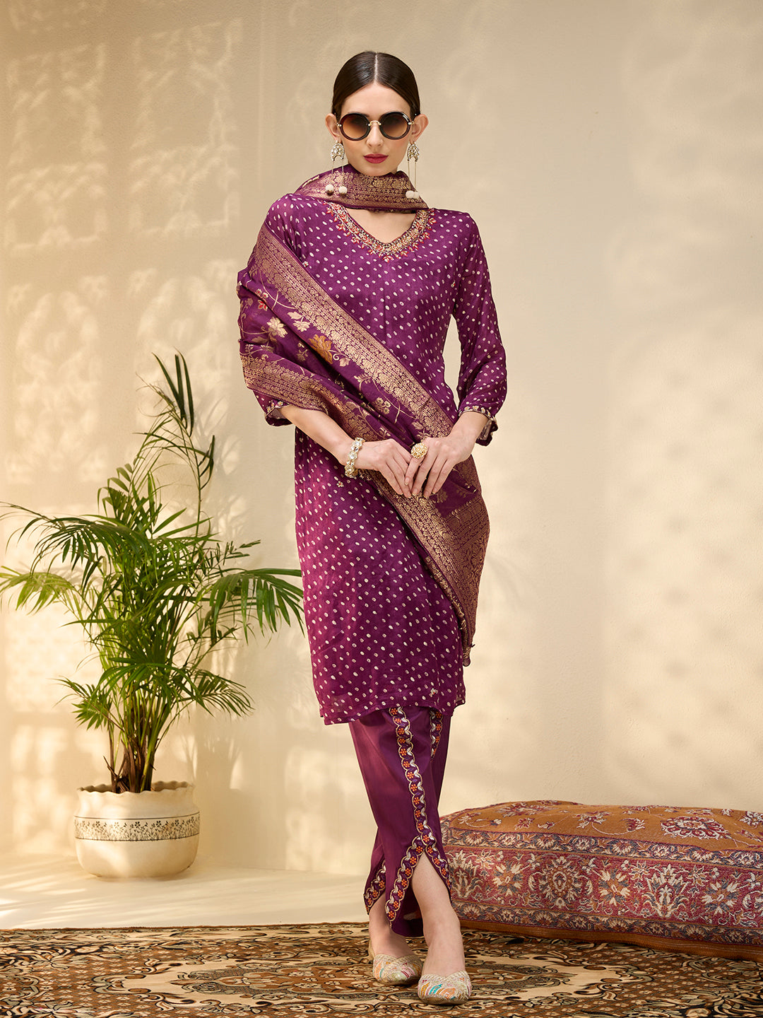 Solid Ethnic Embroidered Straight Kurta with Dhoti & Dupatta - Purple