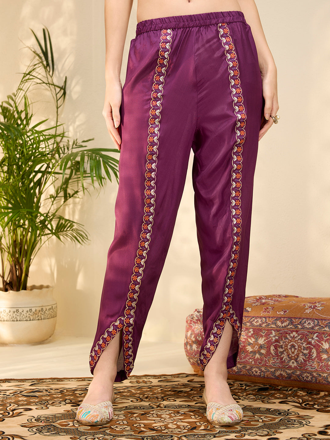 Solid Ethnic Embroidered Straight Kurta with Dhoti & Dupatta - Purple